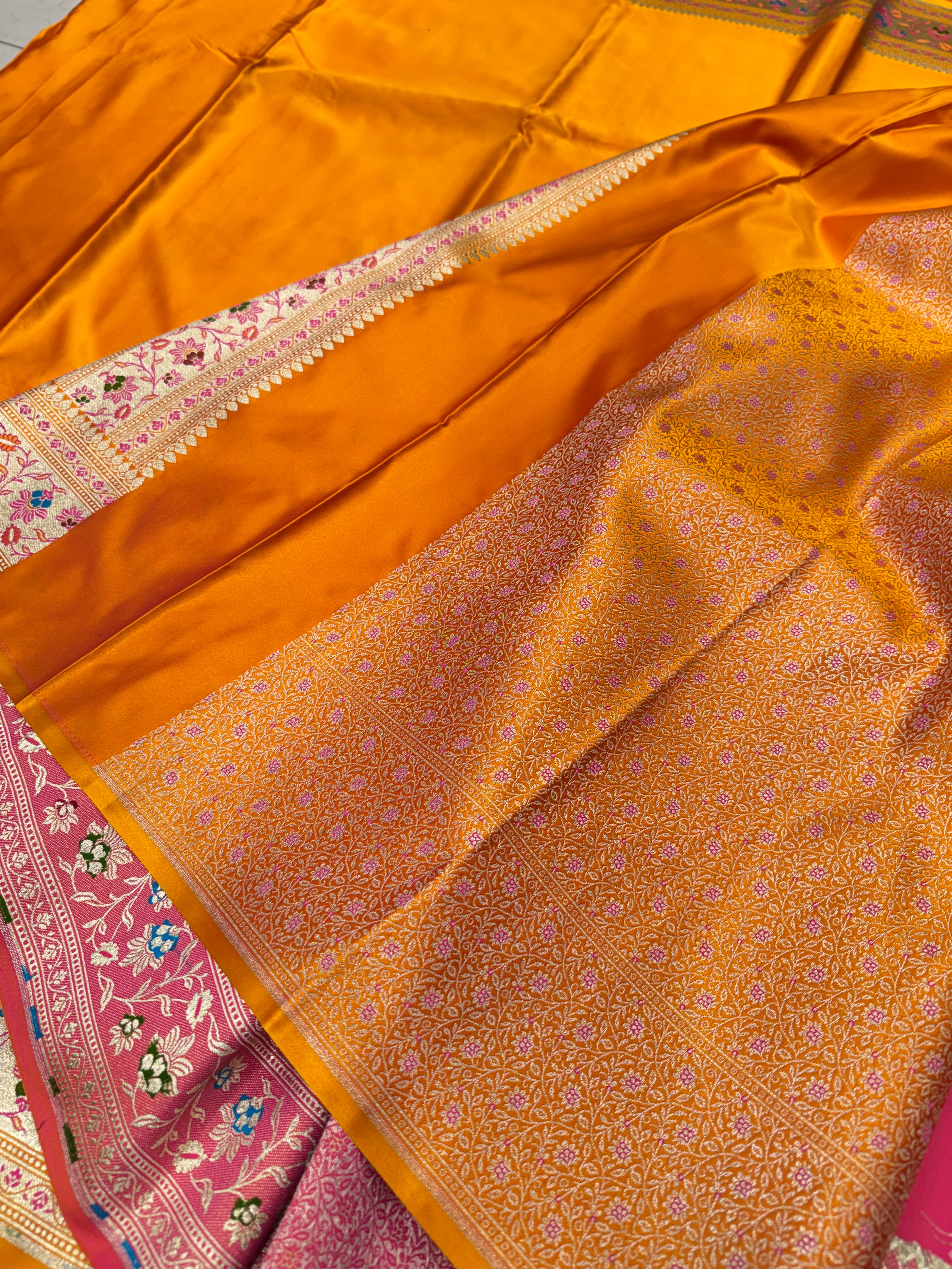 Mango Yellow Banarasi Plain Body Meena Pallu Border Saree