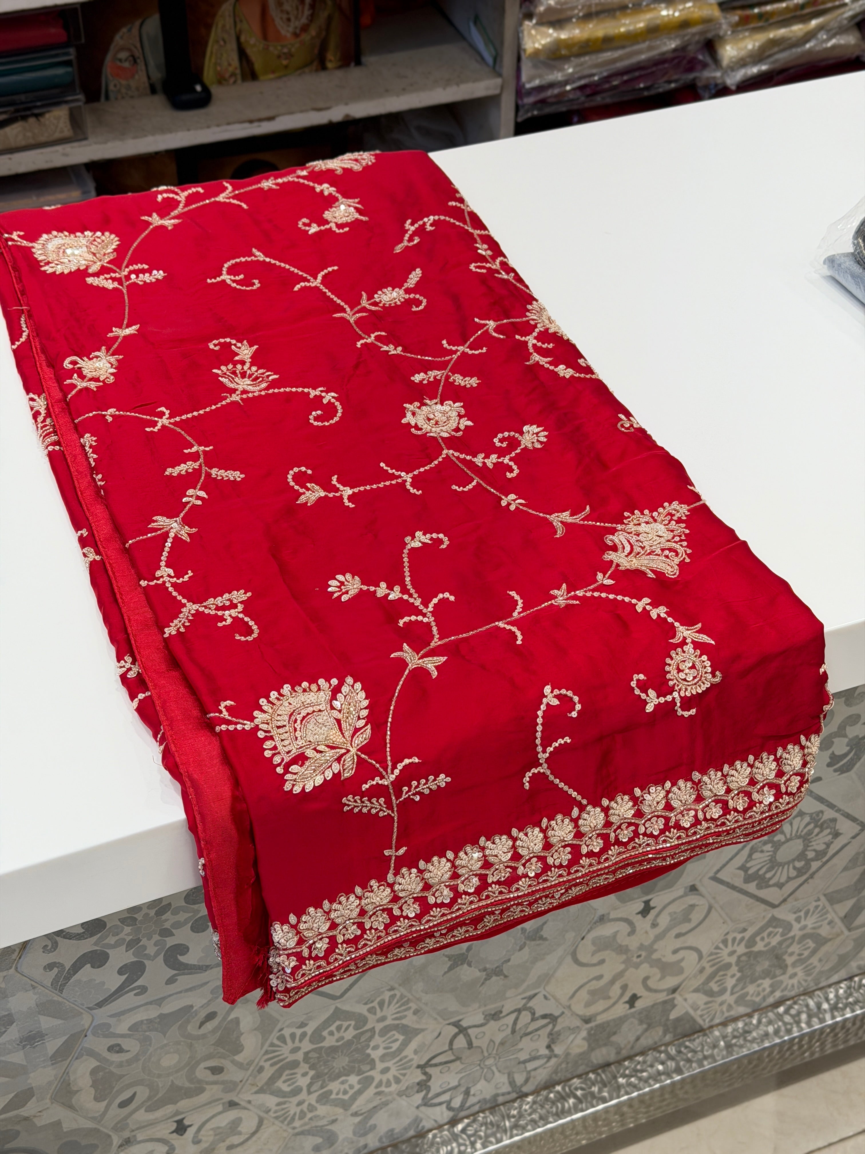 Red Satin Silk Moti Sequin Jaal Hand Embroidery Saree