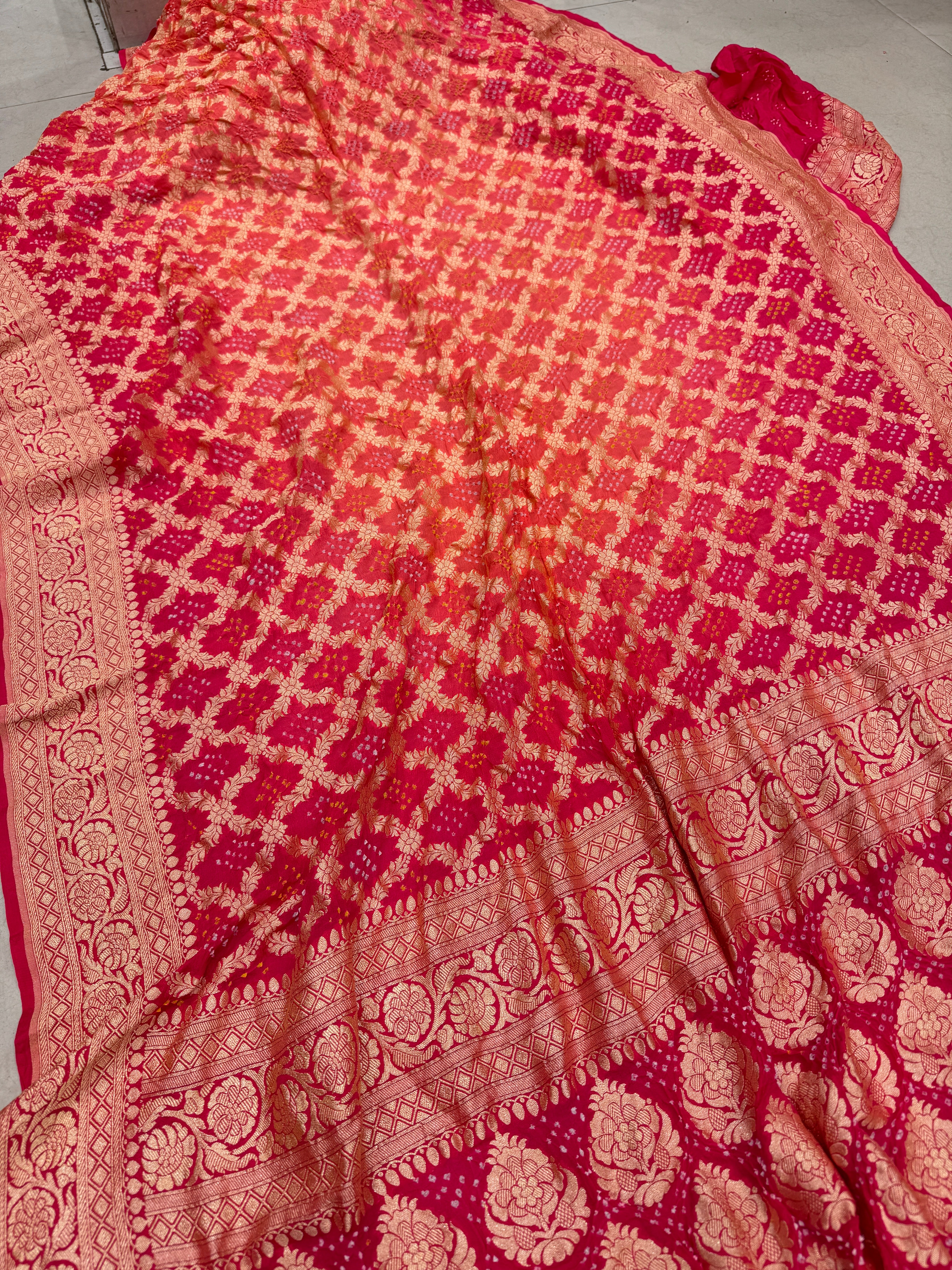 Strawberry Peach Shaded Bandhej Bandhini Saree