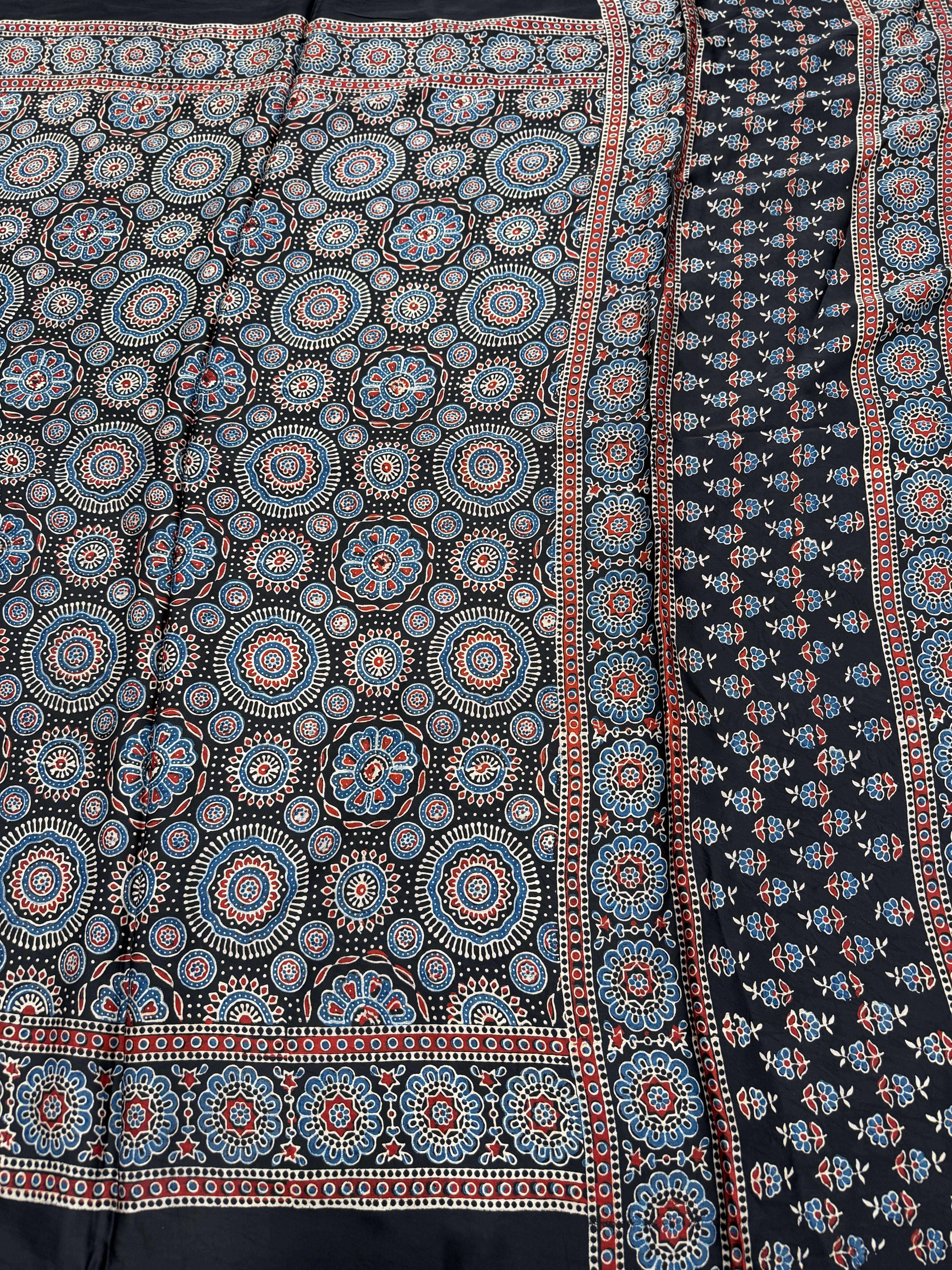 Black Jaal Buttas Ajrakh Hand Block Print Pure Gajji Silk Saree