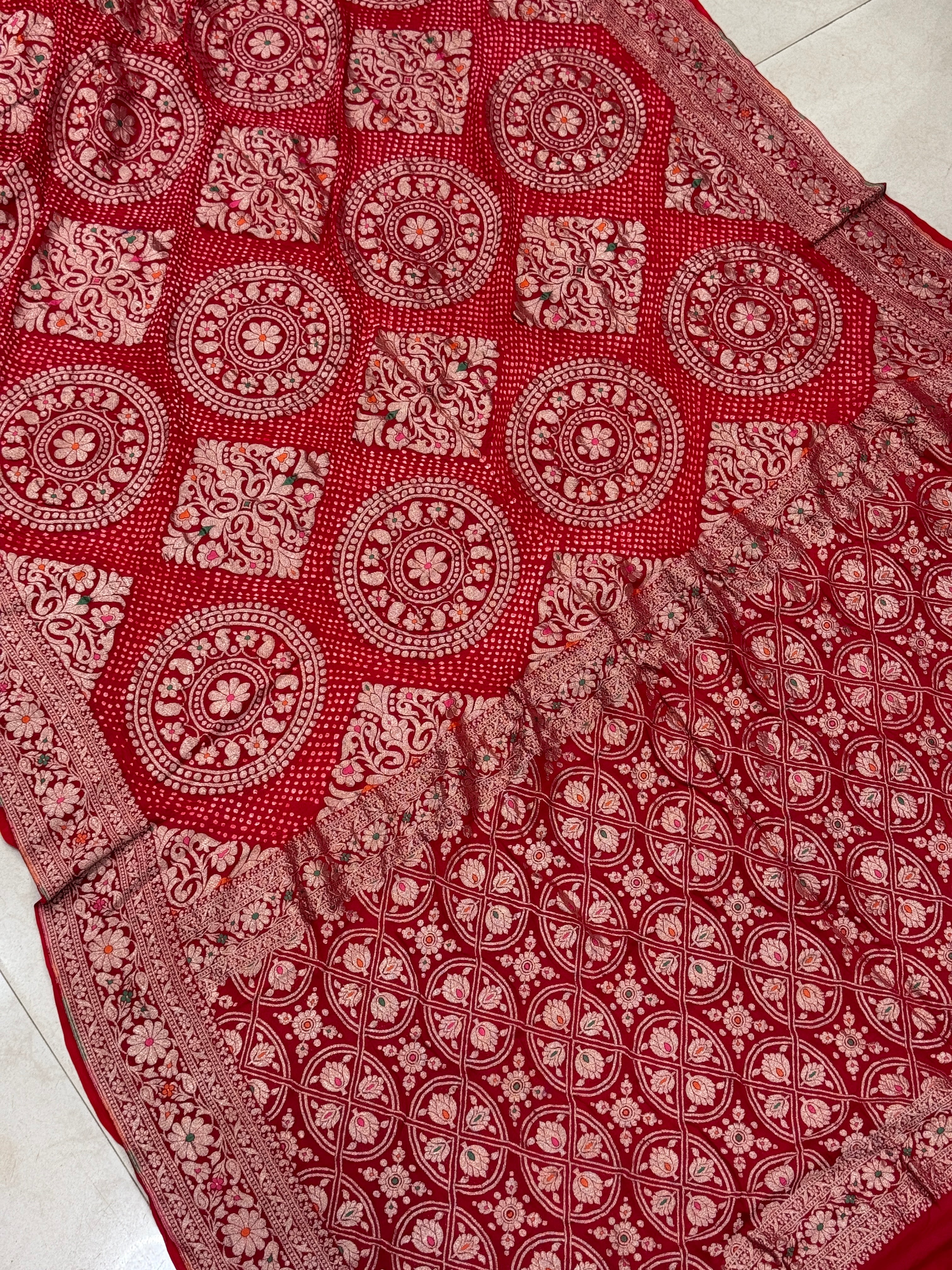 Red Rai Bandhej Weaved Handloom Georgette Saree