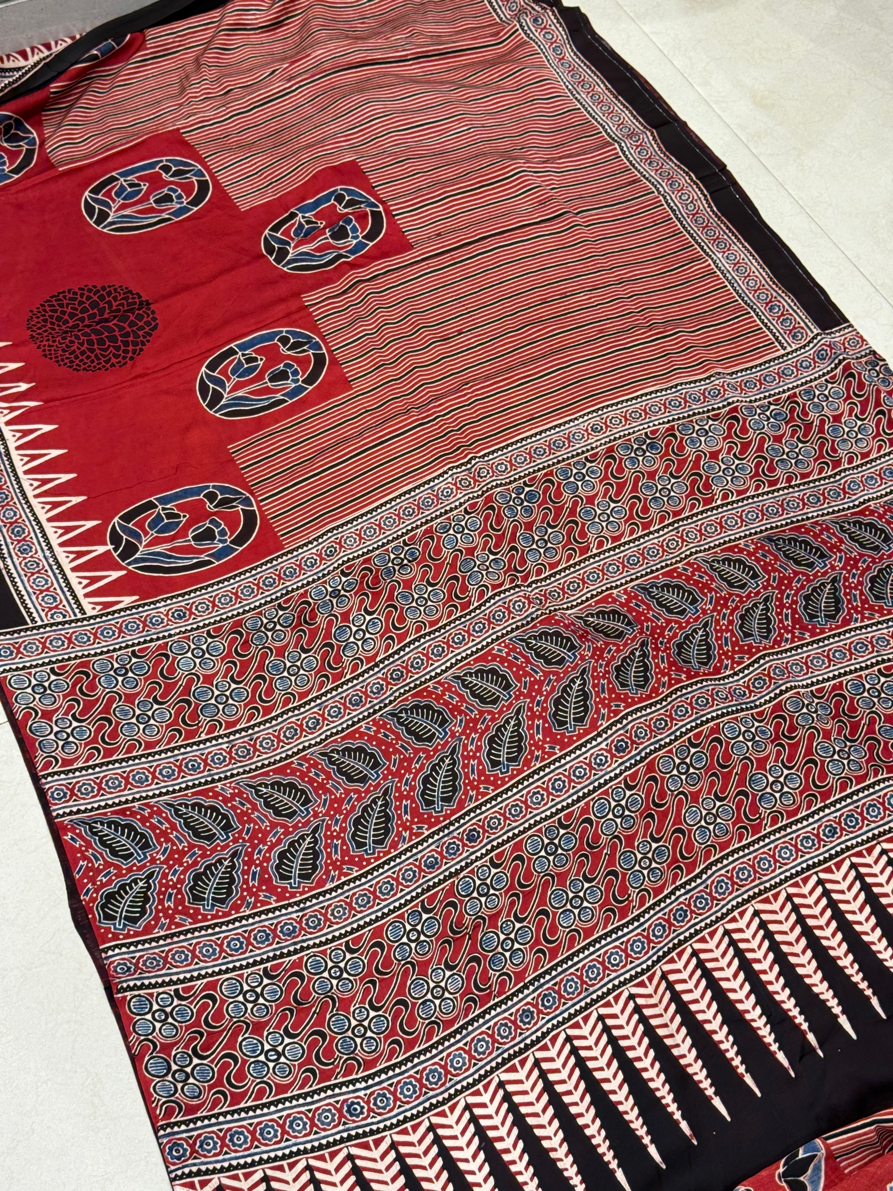 Red Line Roses Butta Contemporary Modal Gajji Silk Ajrakh Saree