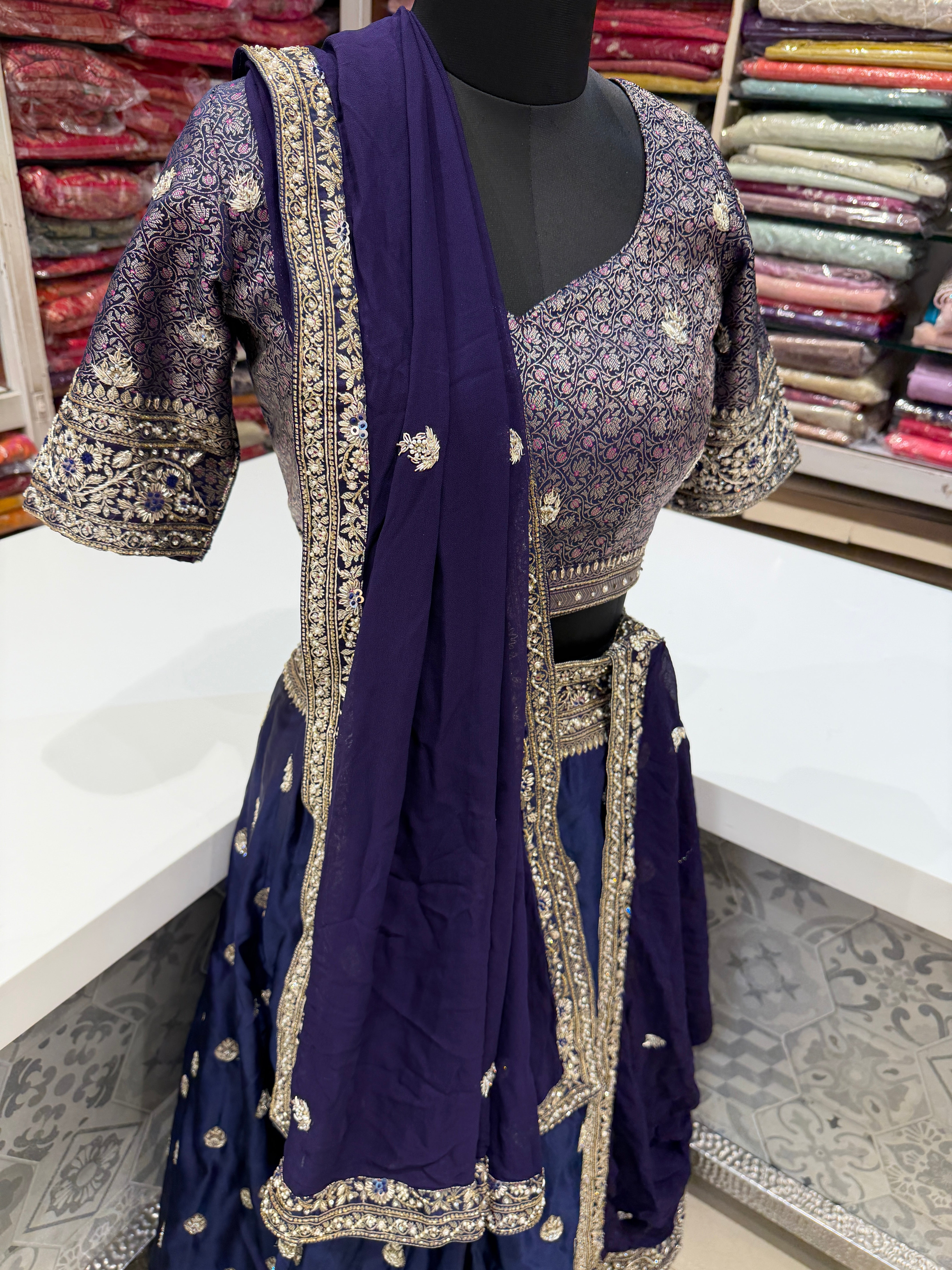 Cross Violet Banarasi Hand Embroidery Lehenga