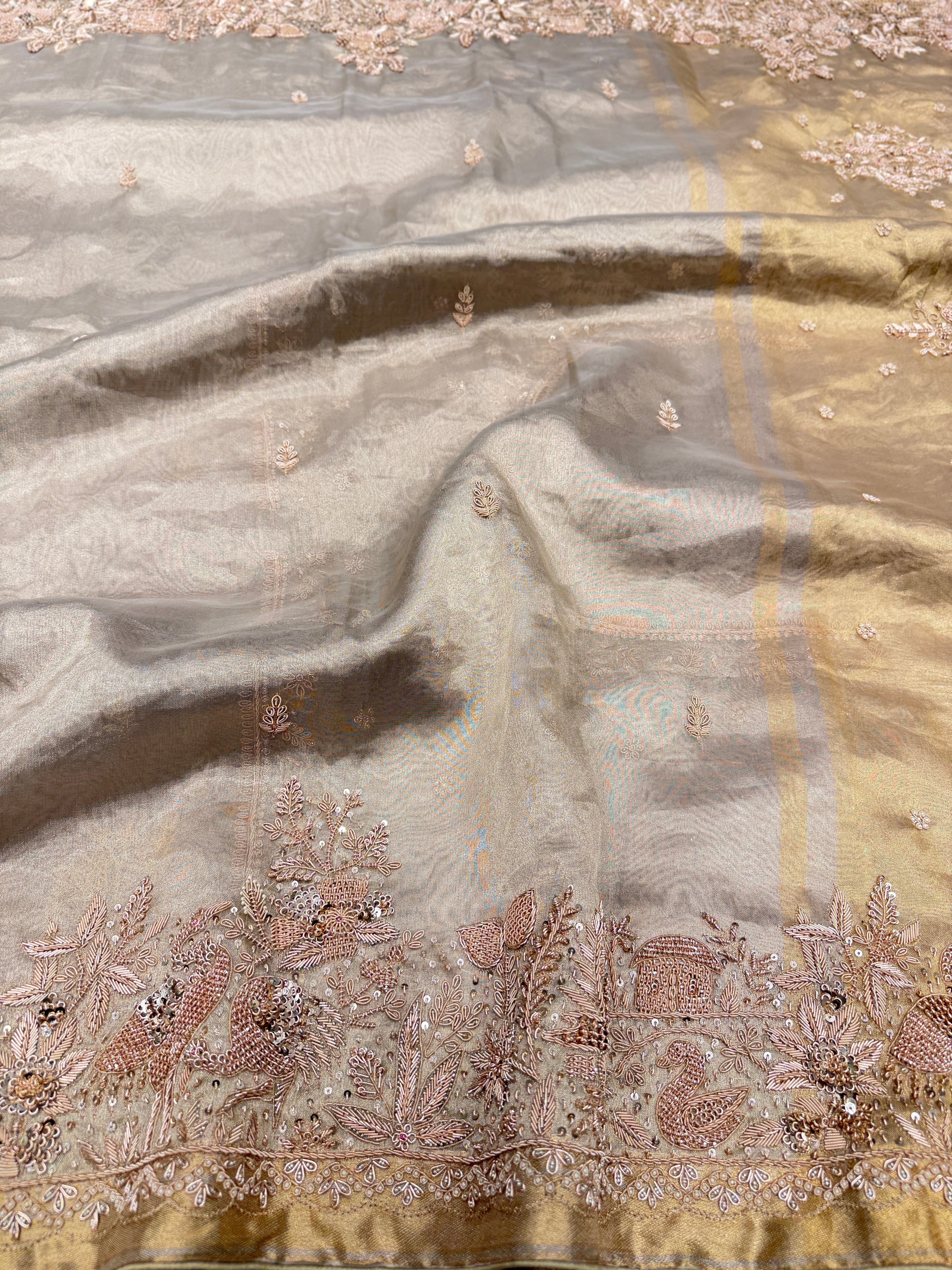 Tissue Parsi Style Zardosi Hand Embroidery Saree