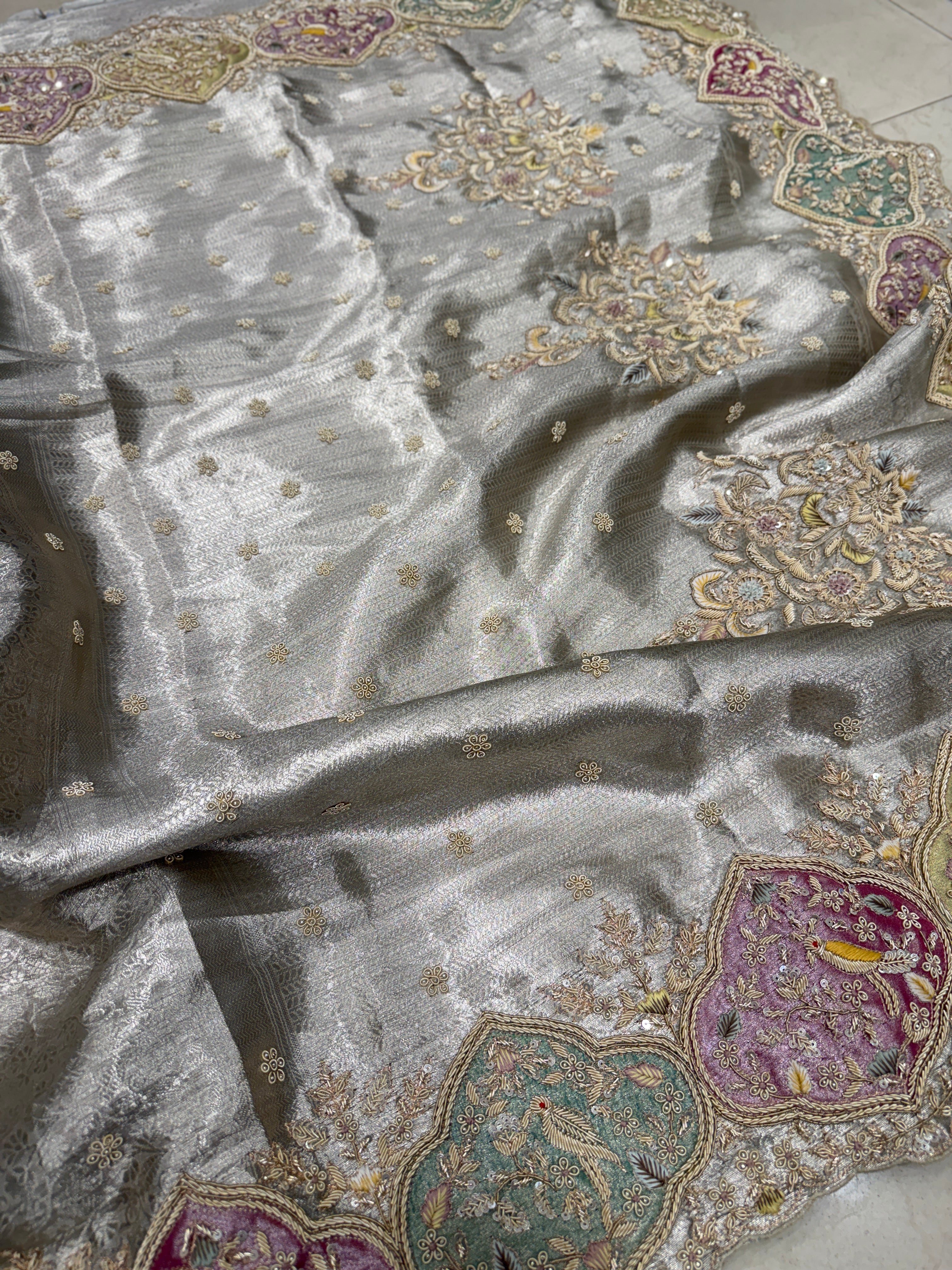 Silver Tissue Kanjivaram Zardosi Patch Work Hand Embroidery Saree