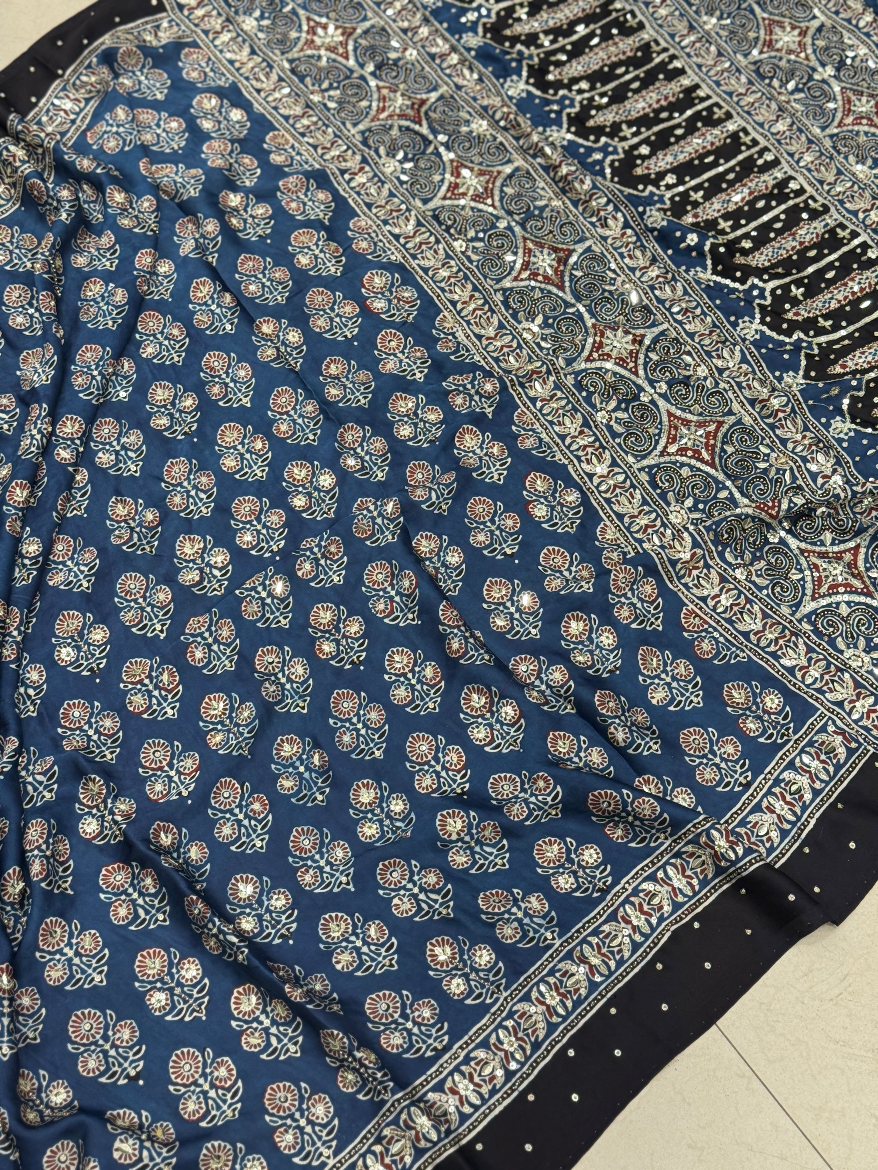 Blue Teen Buttis Ajrakh Hand Embroidery Saree