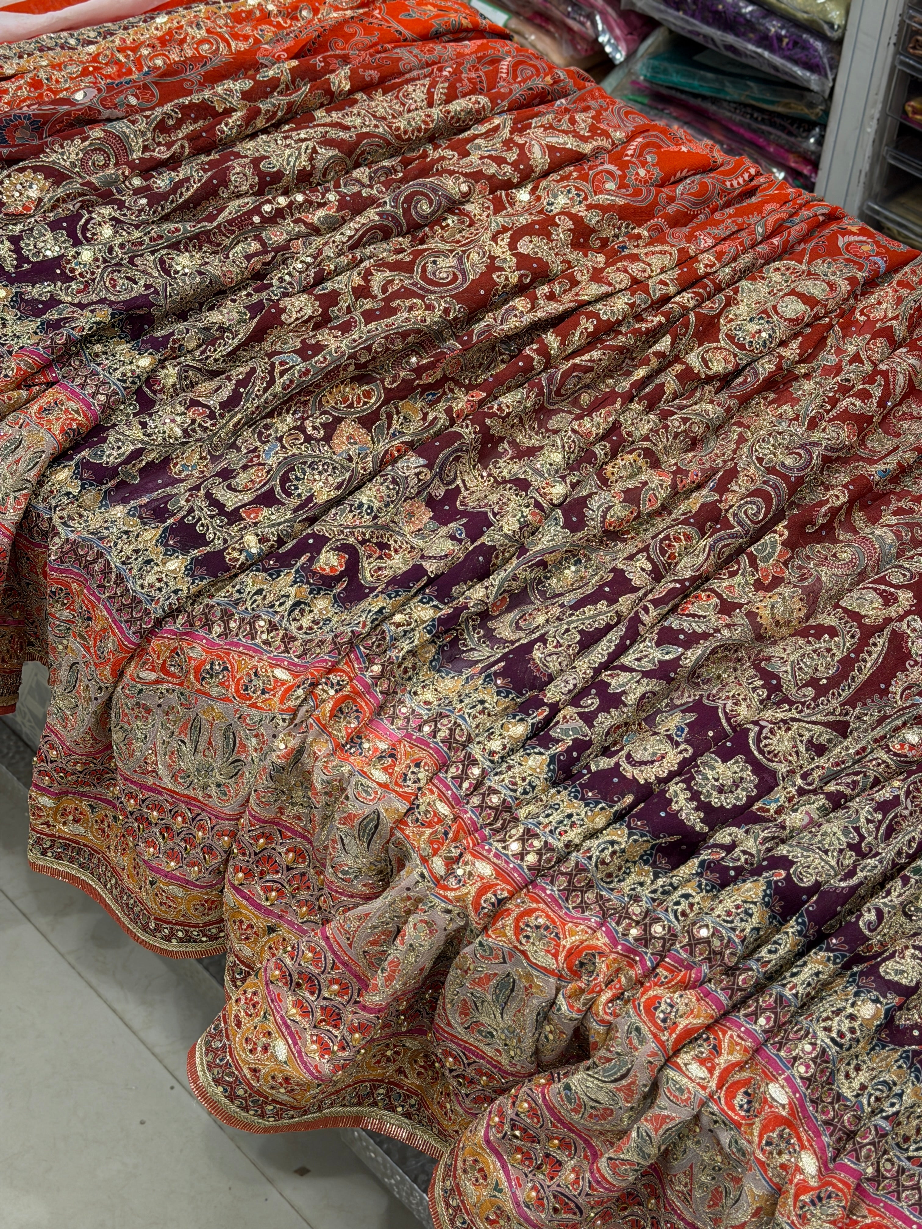 Rust Shaded Kashida Keri TT inspired Banarasi Crepe Hand Embroidery Saree