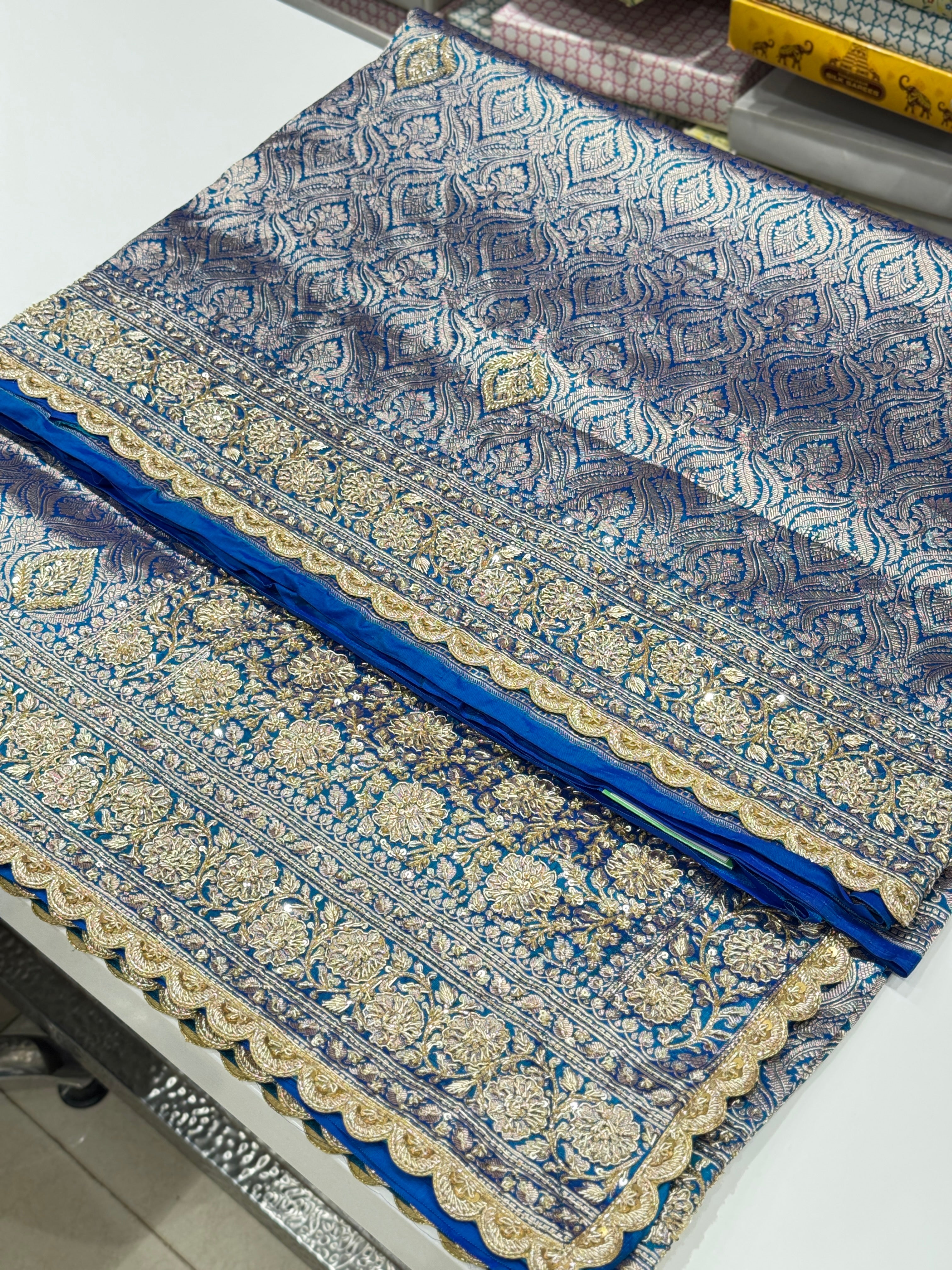 Petrol Blue Banarasi Katan Brocade Hand Embroidery Saree