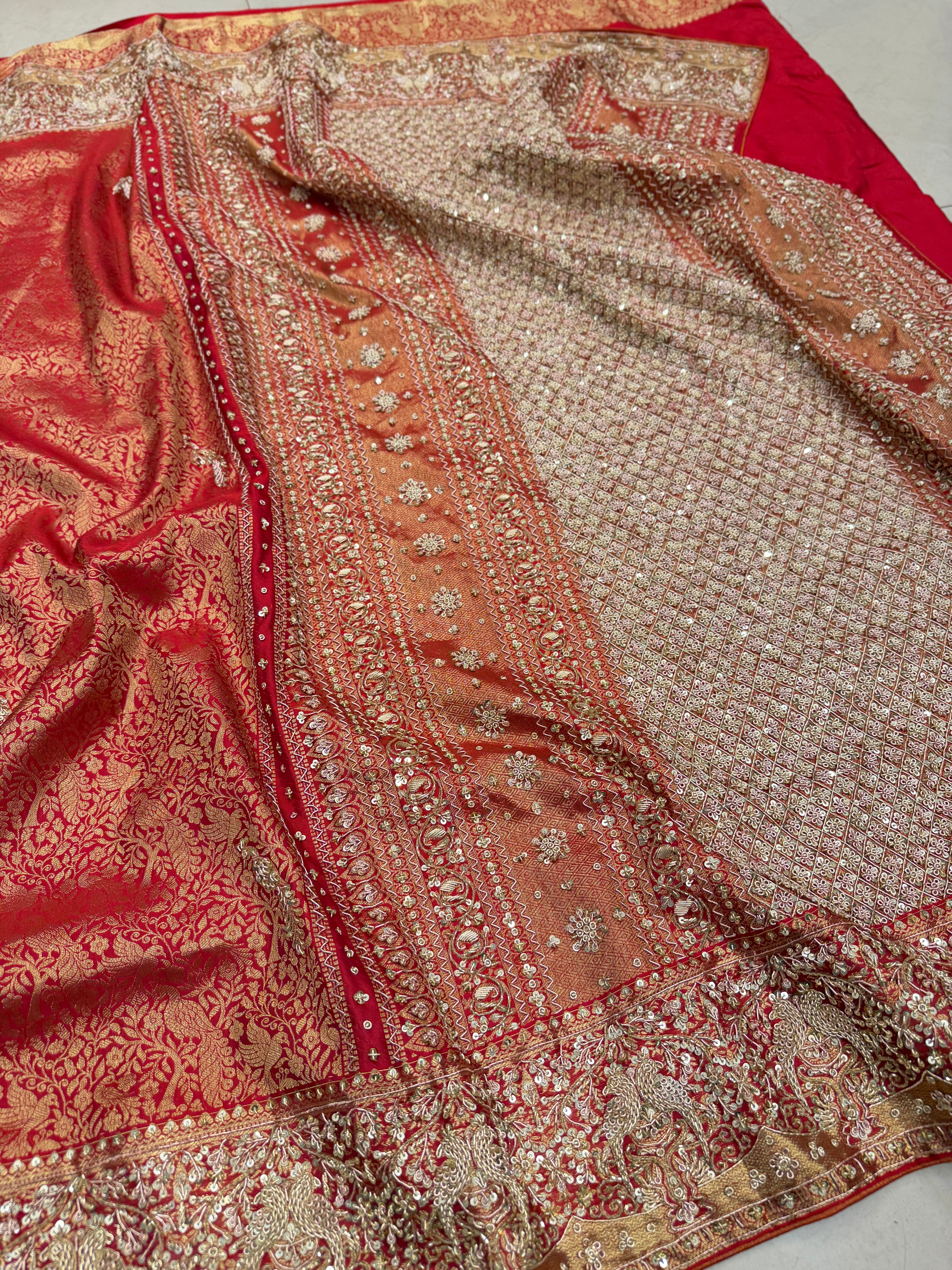 Red Kanjivaram Peacock Motif Hand Embroidery Zardosi Saree