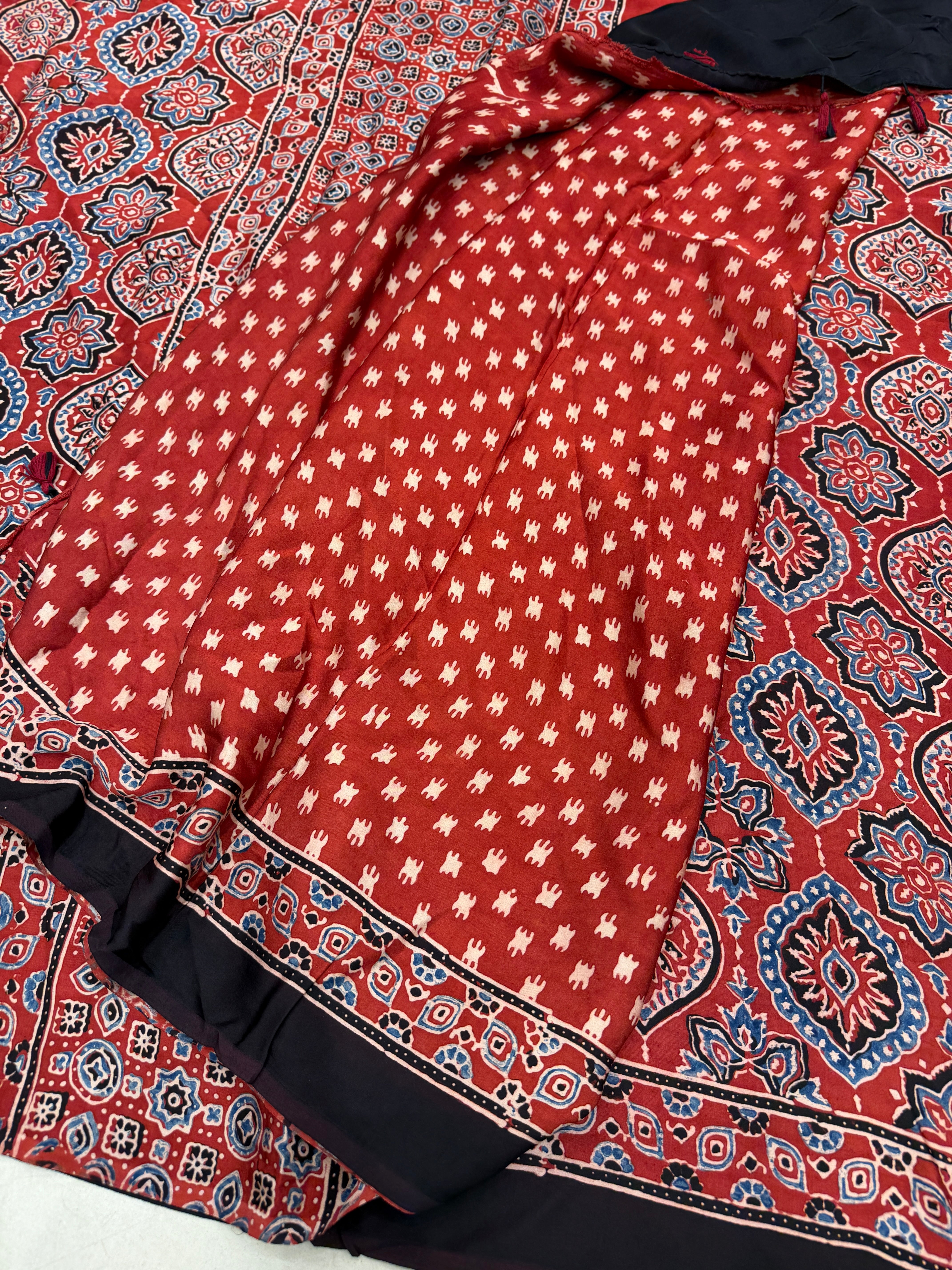 Red Badam Jaal Ajrakh Hand Block Print Pure Gajji Silk Saree