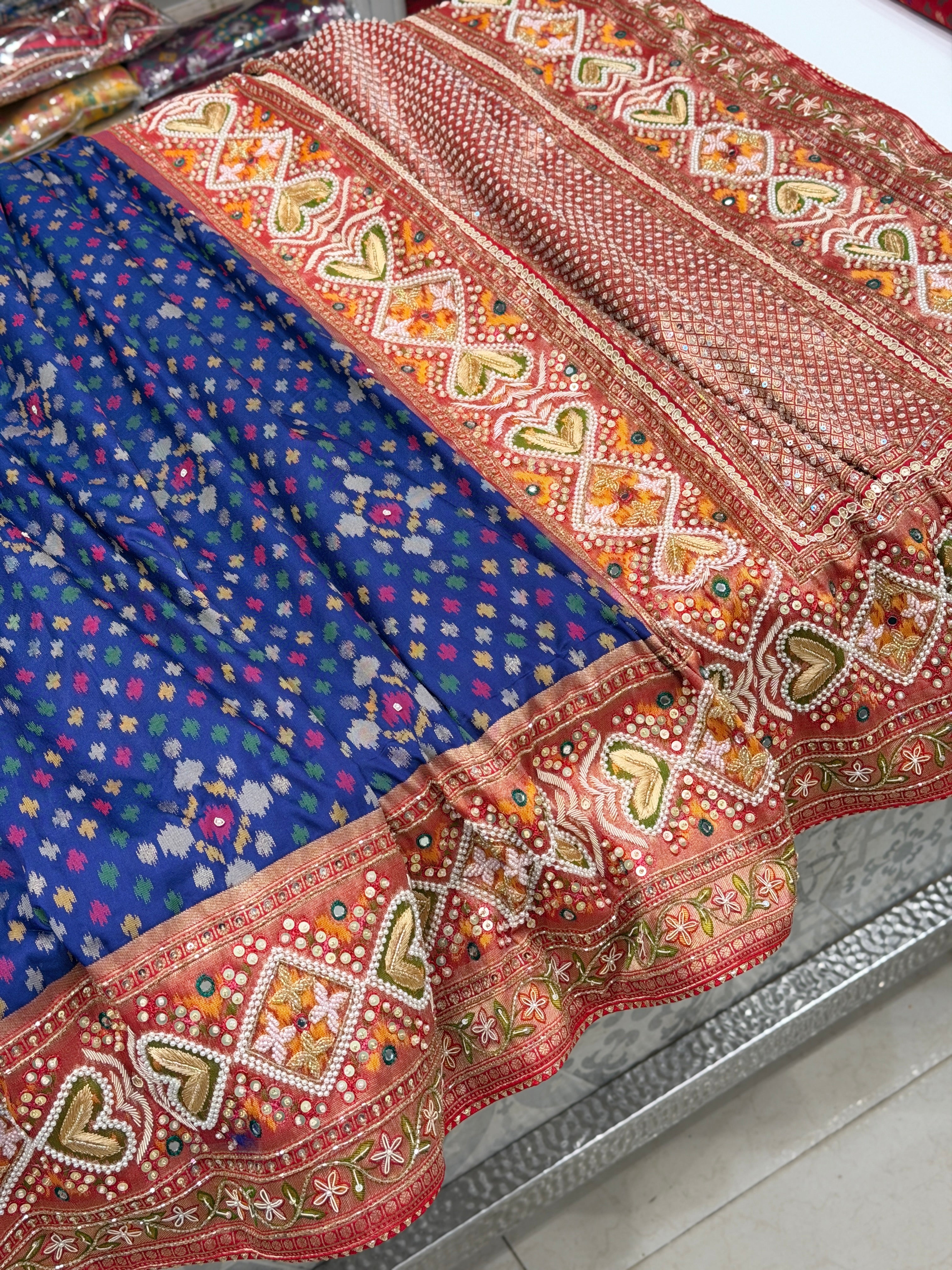 Blue Patola Ikat Weave Hand Embroidery Zardosi Kidiya Moti Hand Embroidery Saree