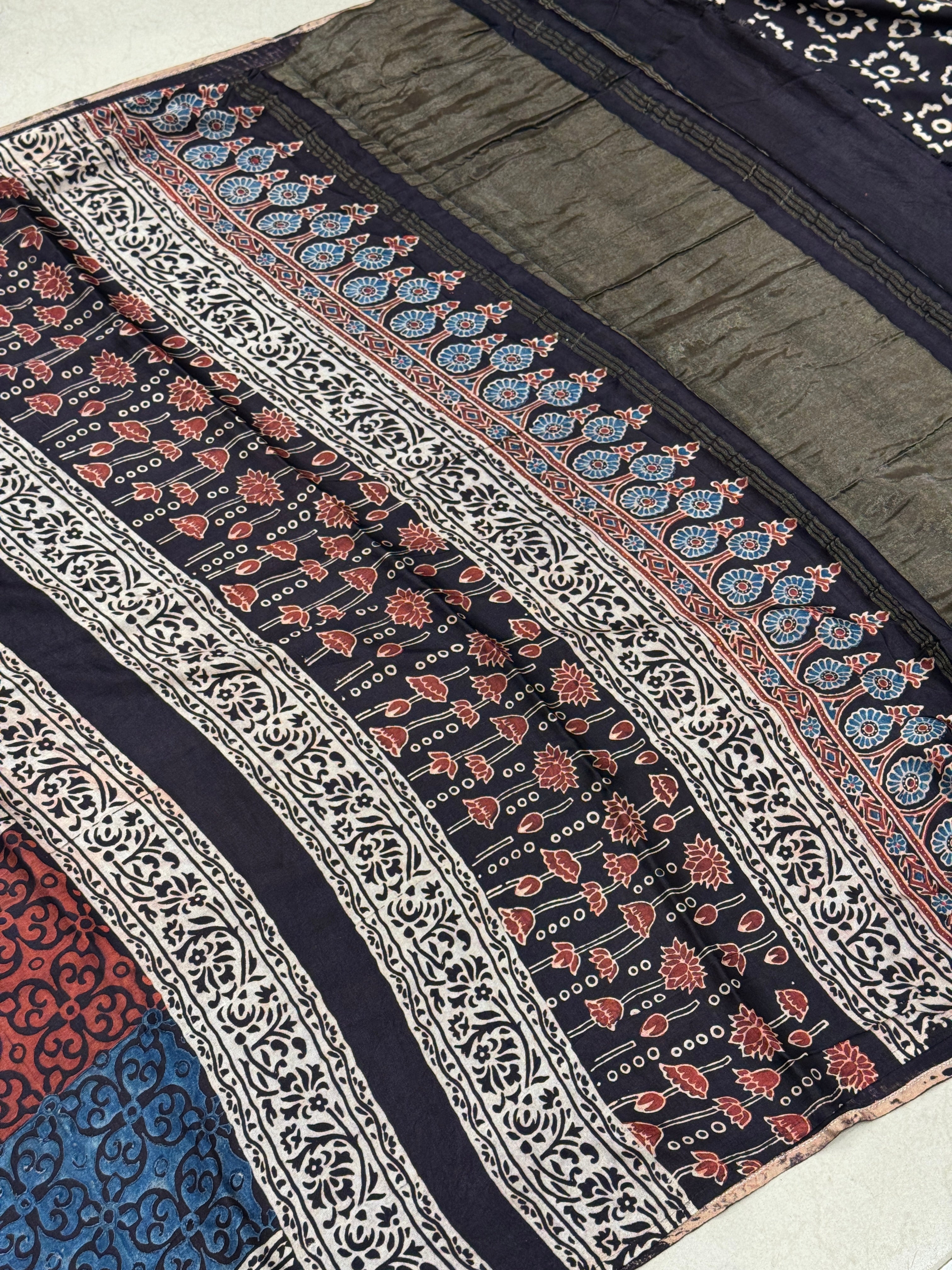Multi Traditional Half Jaal Ajrakh Modal Gajji Silk Saree