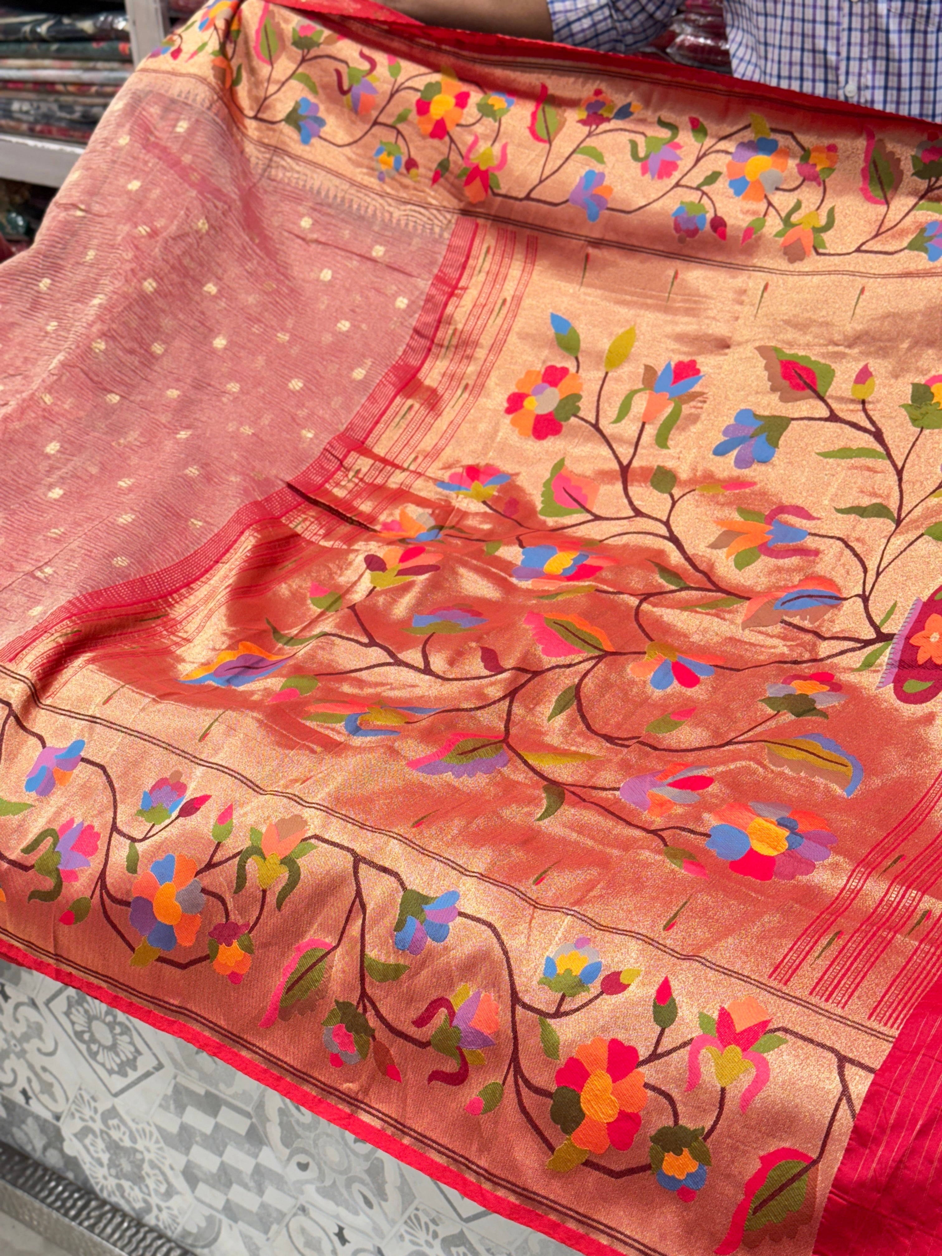 Crimson Crushed Tissue Flower Paithani Saree