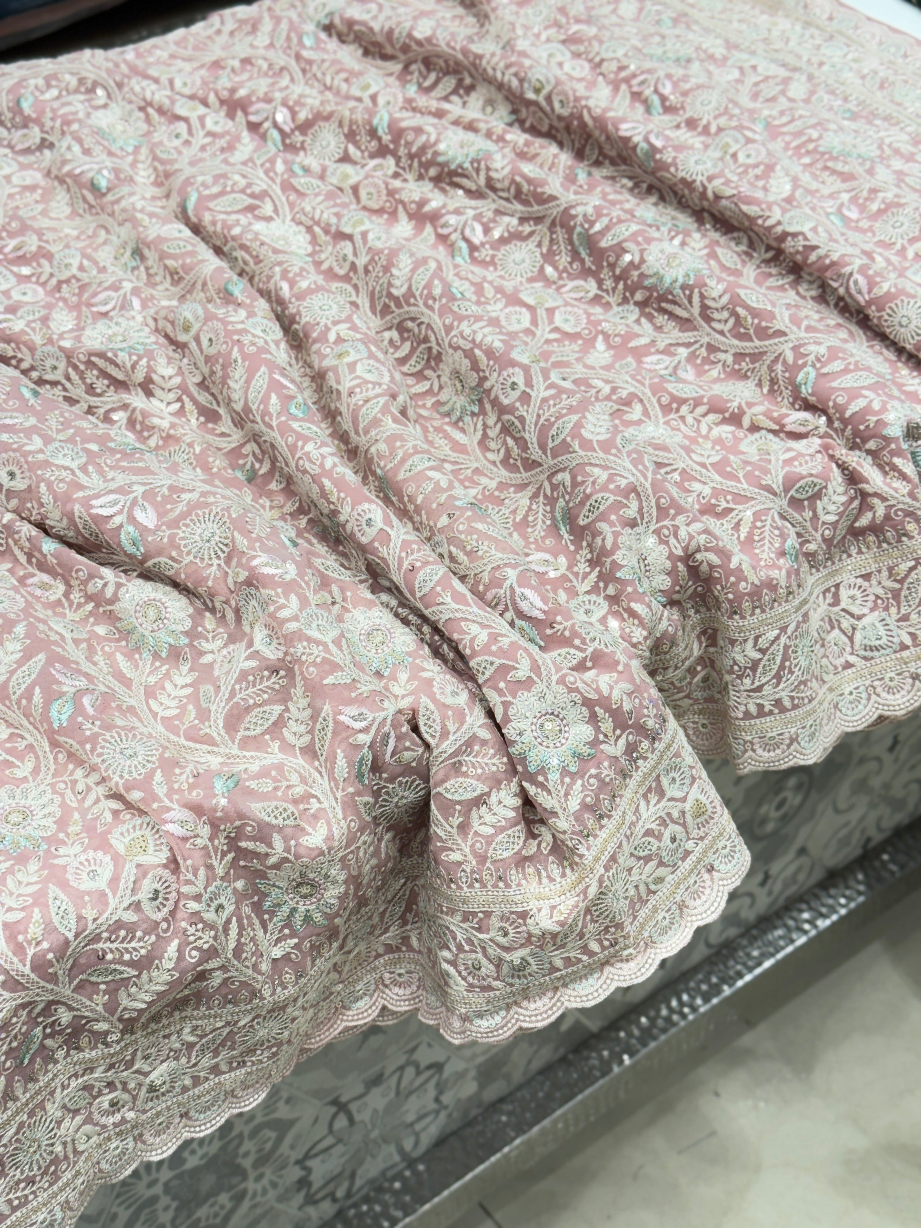 Pink Meenakari Chikankari Scallop Design Saree