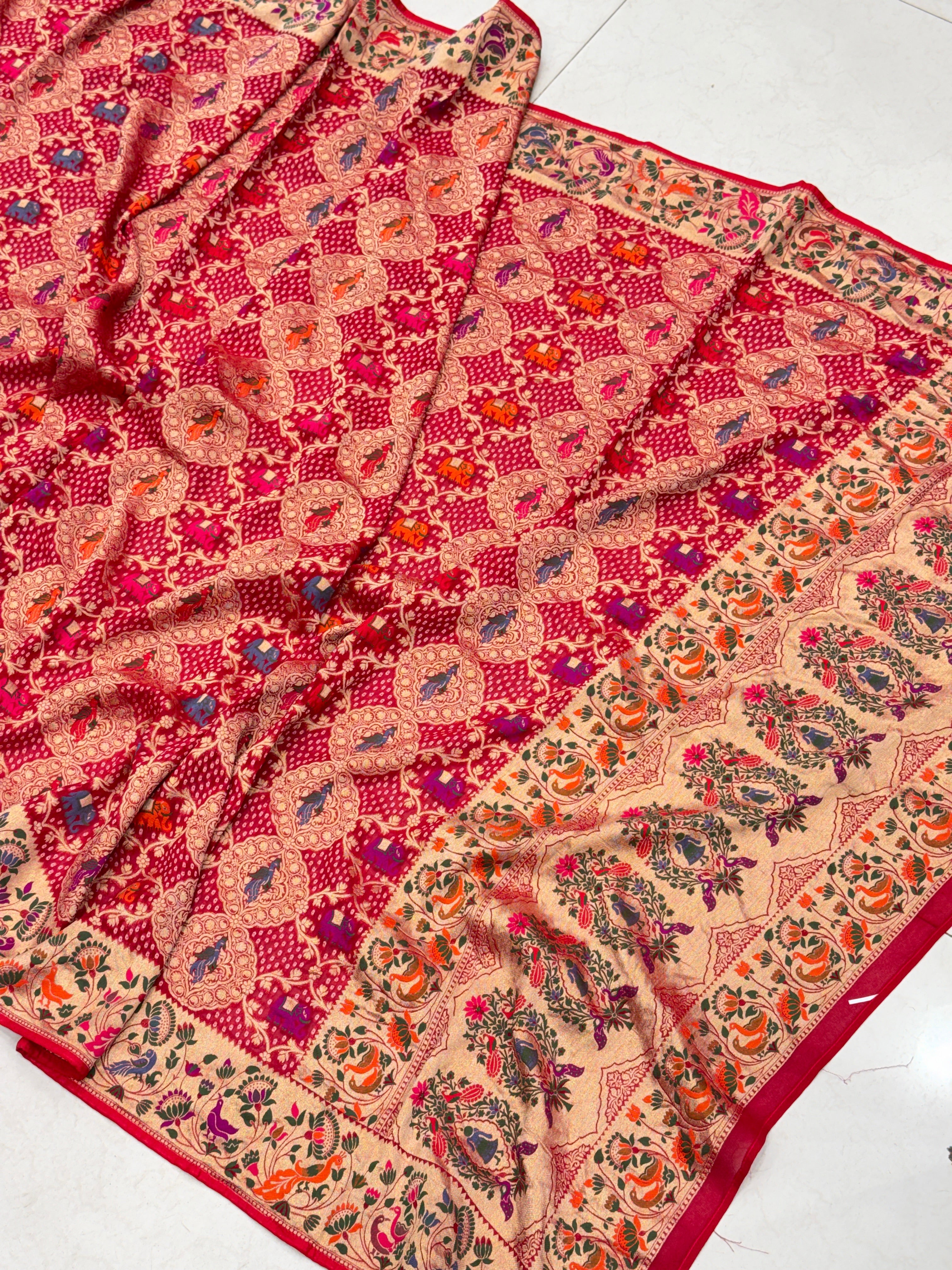 Red Woven Bandhej Dupatta Meenakari Peacock Motif