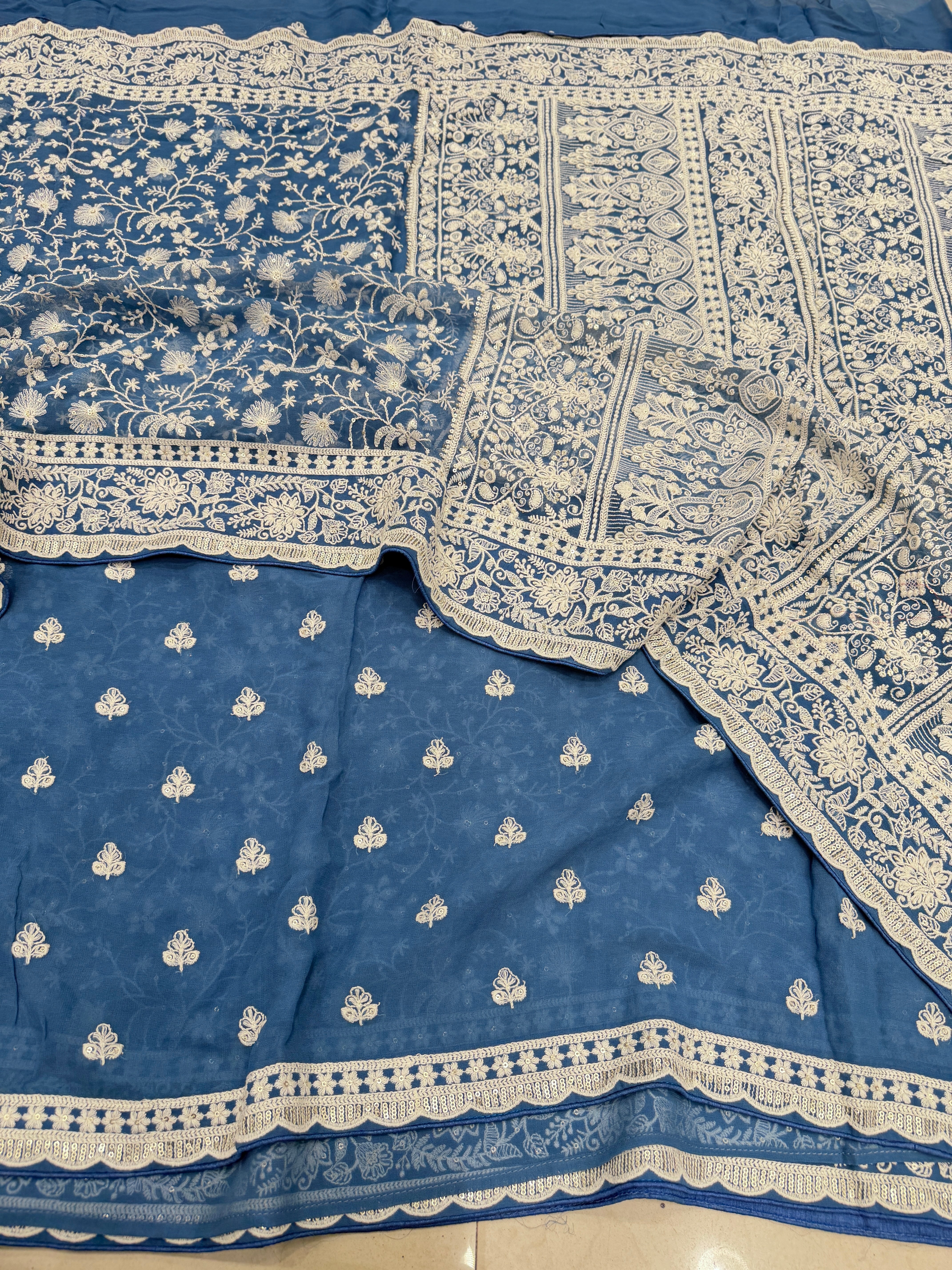 Blue Georgette Chikankari Resham Saree