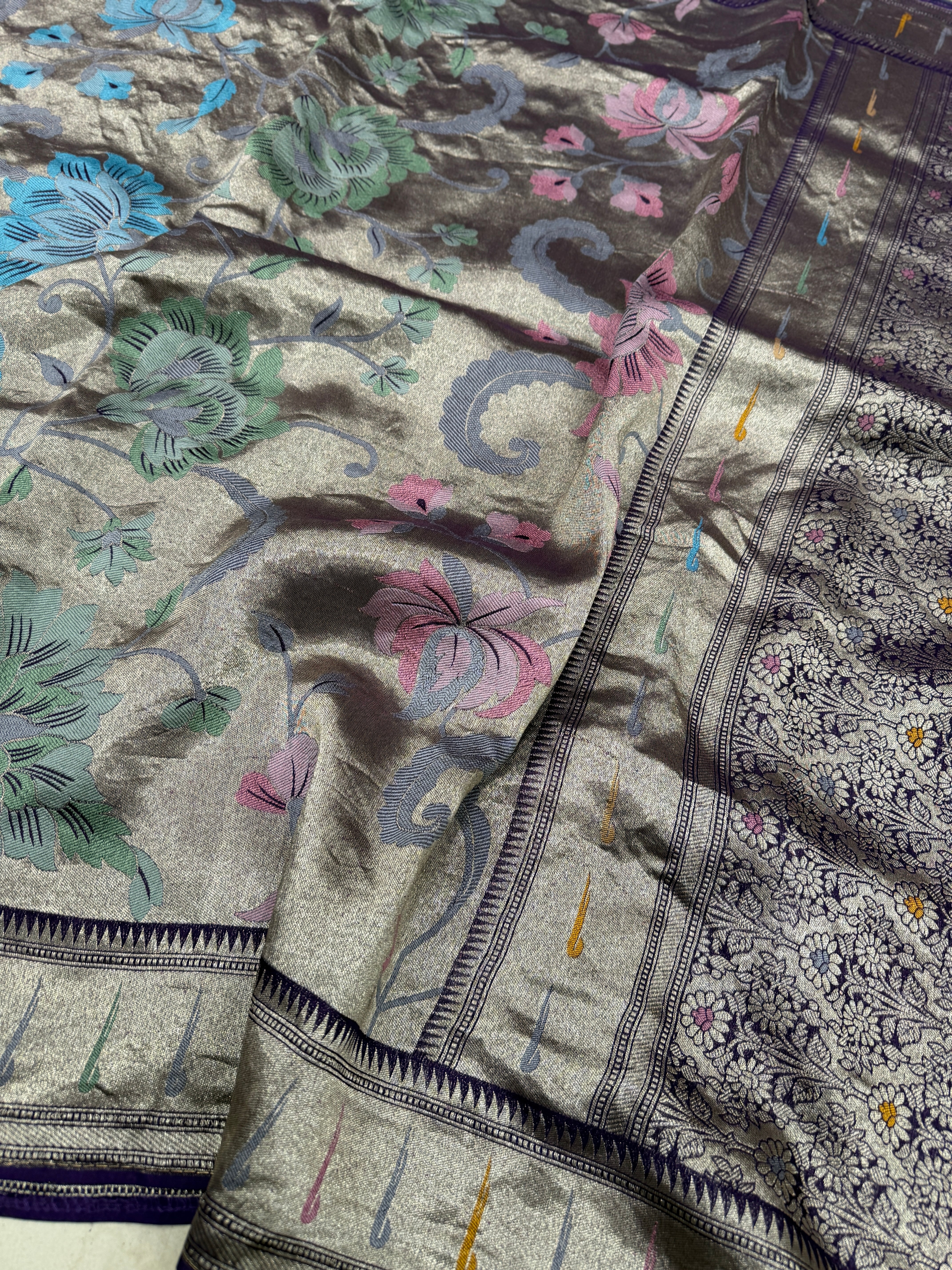 Violet Silver Meenakari Muniya Tissue Munga Banarasi Paithani Saree