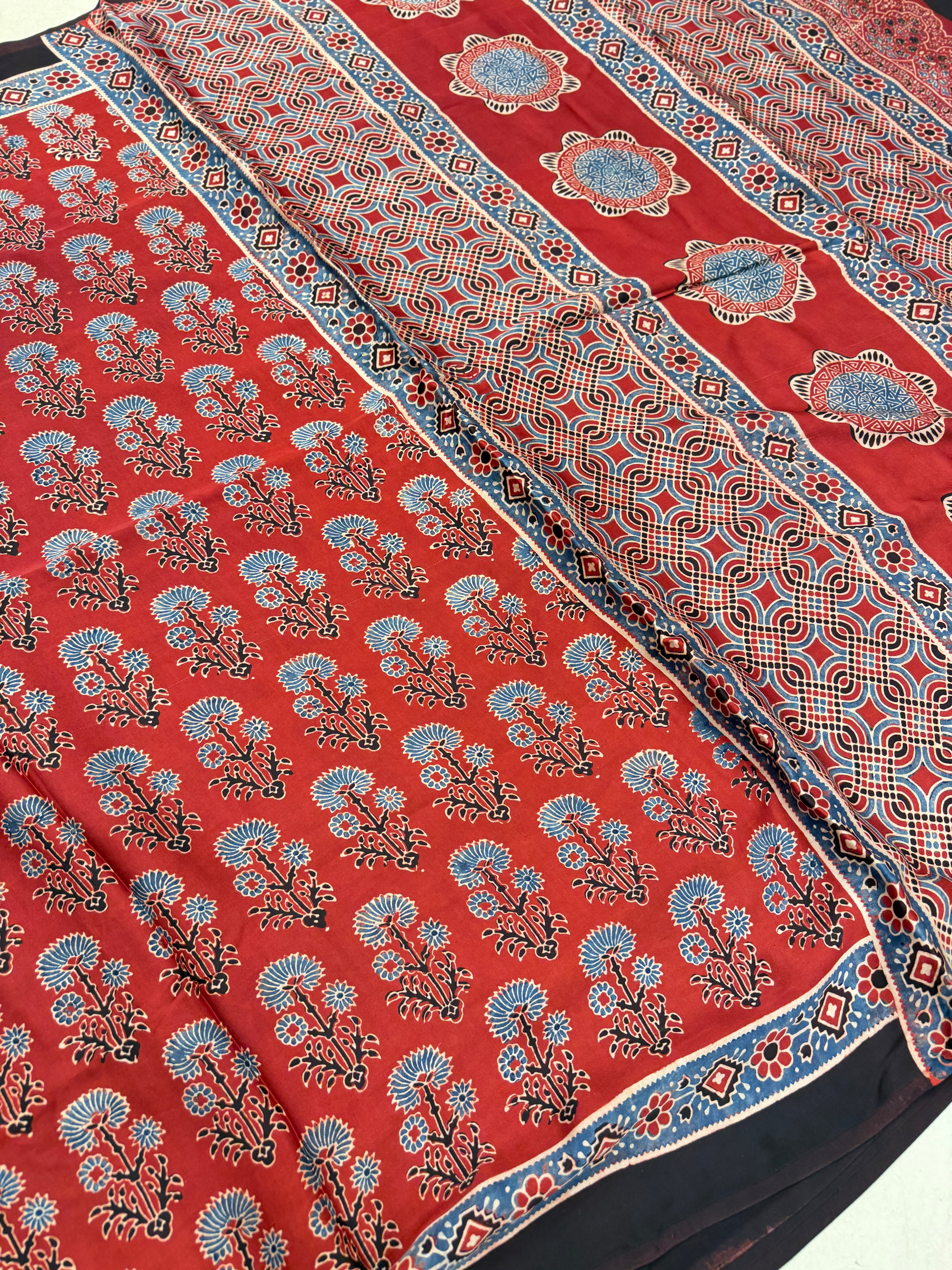Red Buttas Ajrakh Hand Block Print Pure Gajji Silk Saree
