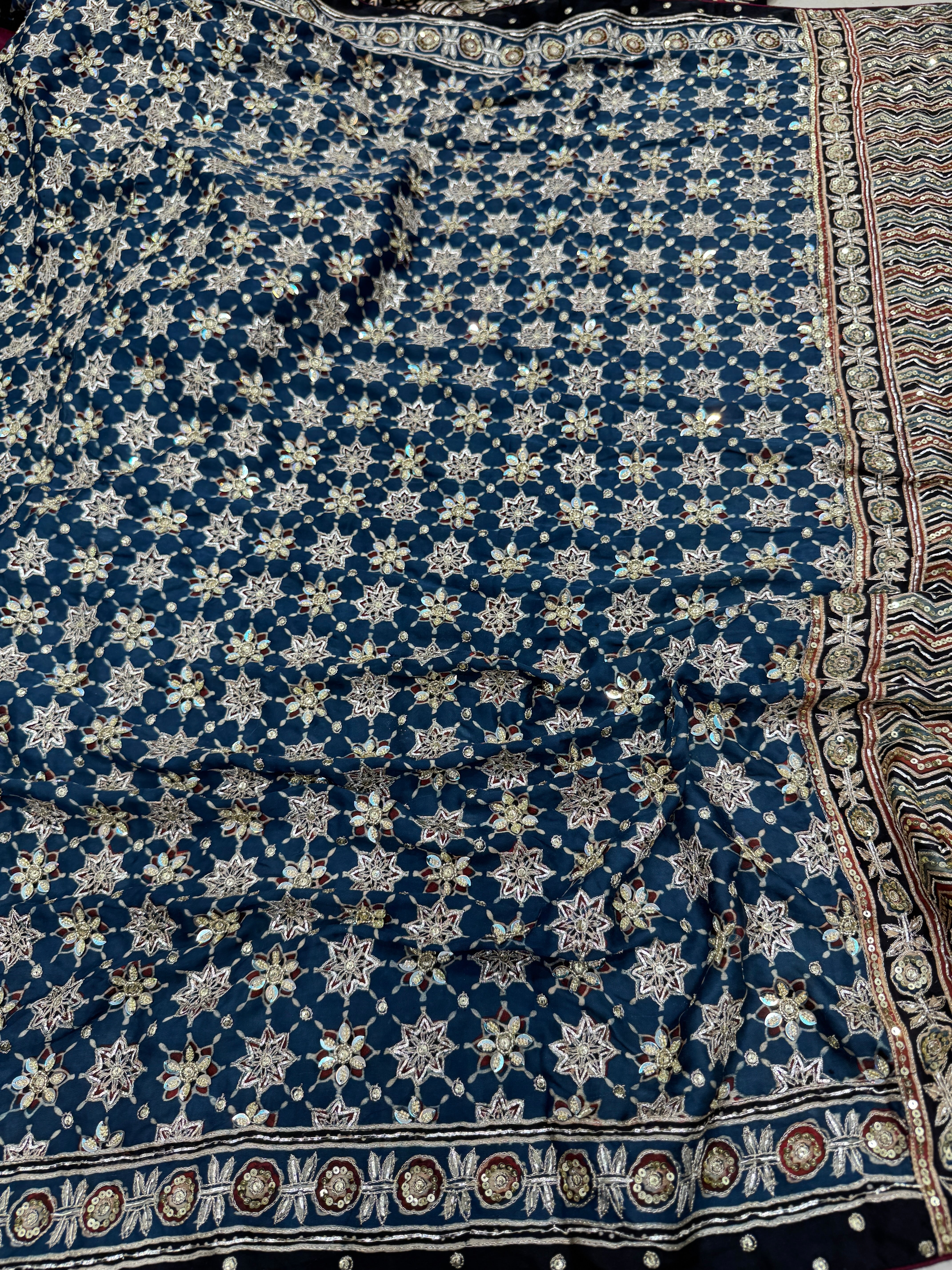 Blue Black Jaal Ajrakh Hand Embroidery Saree