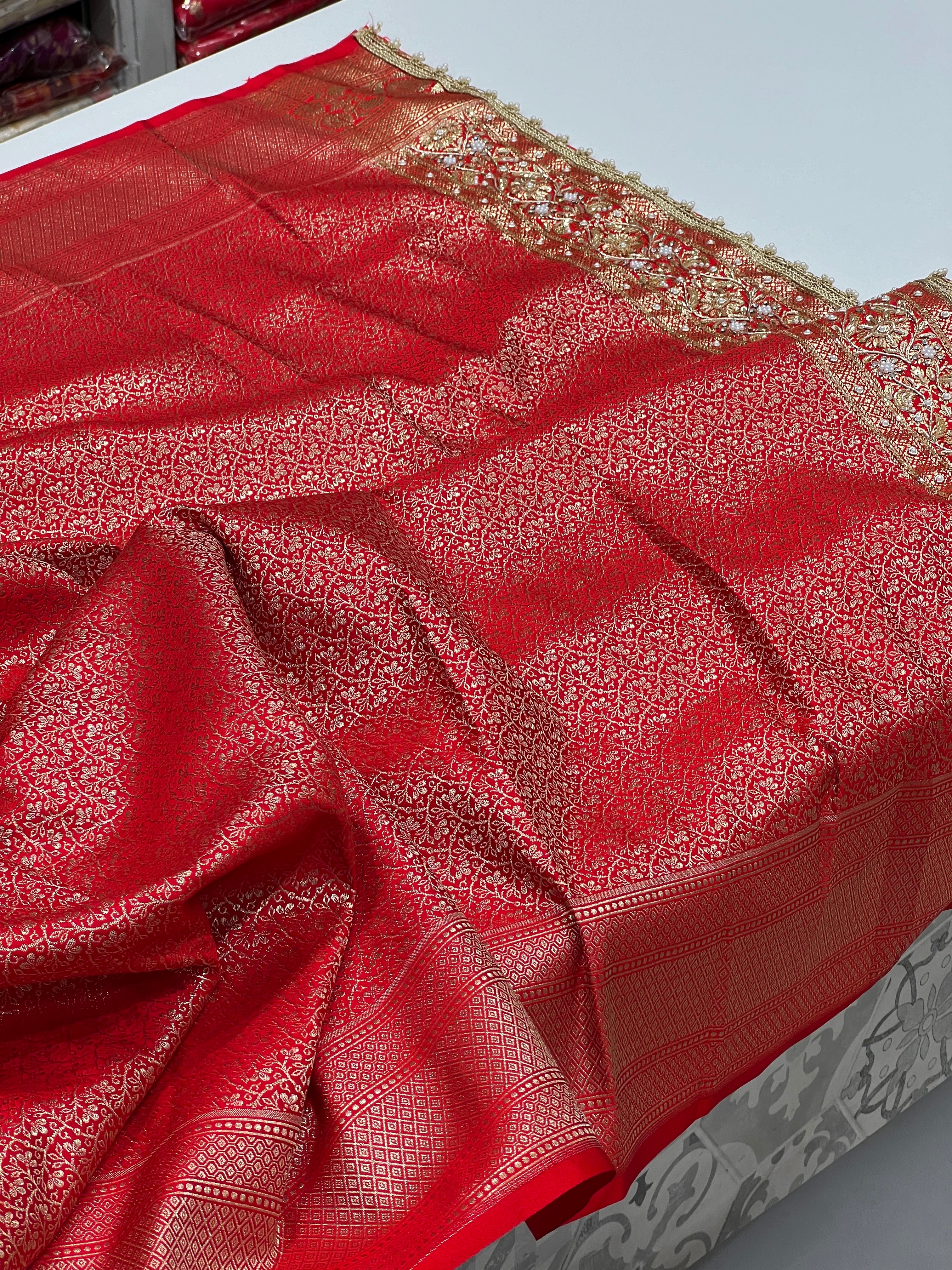 Red Banarasi Silk Flower Jaal Hand Embroidery Saree 2.0