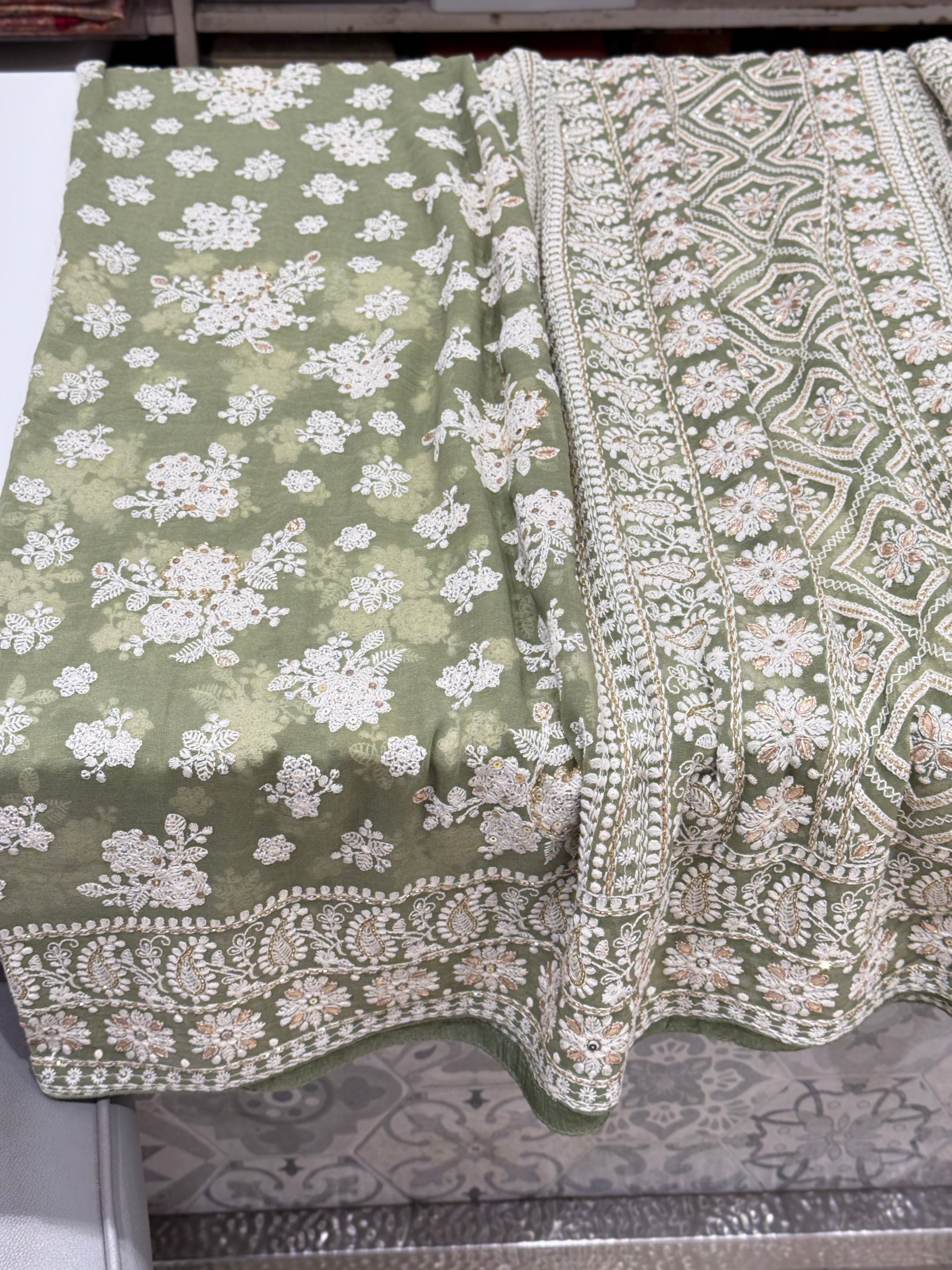 Green Butta Chikankari on Georgette with Cutdana Hand Embroidery
