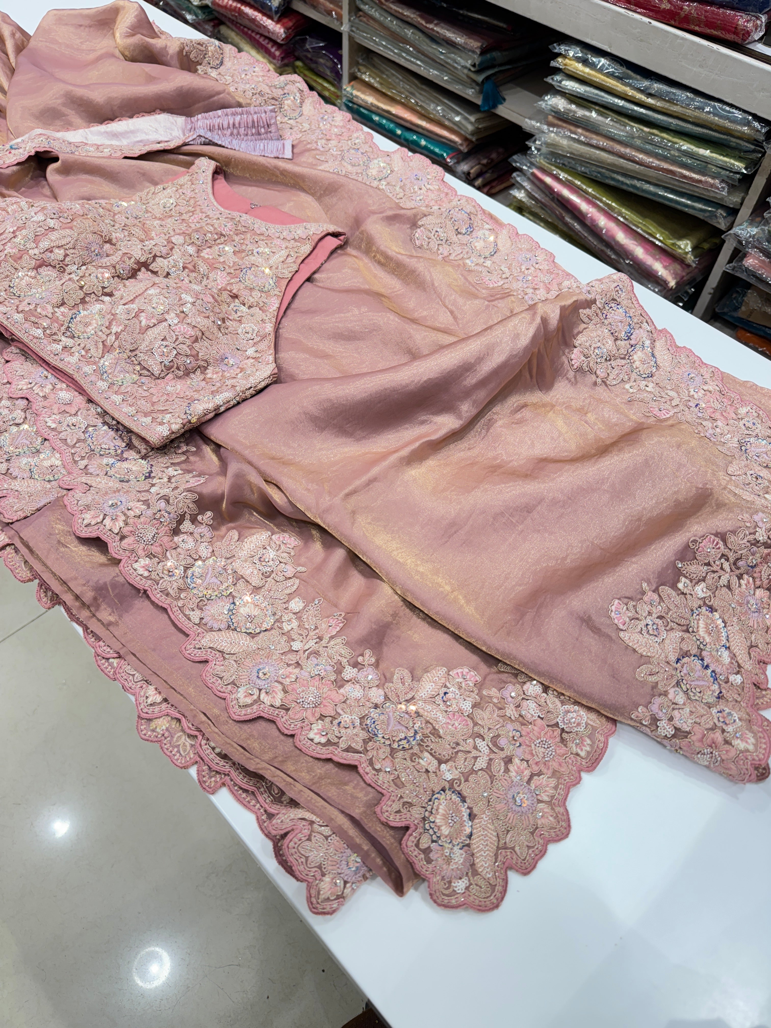 Pink Satin Tissue Embroidered Saree with Ready Blouse