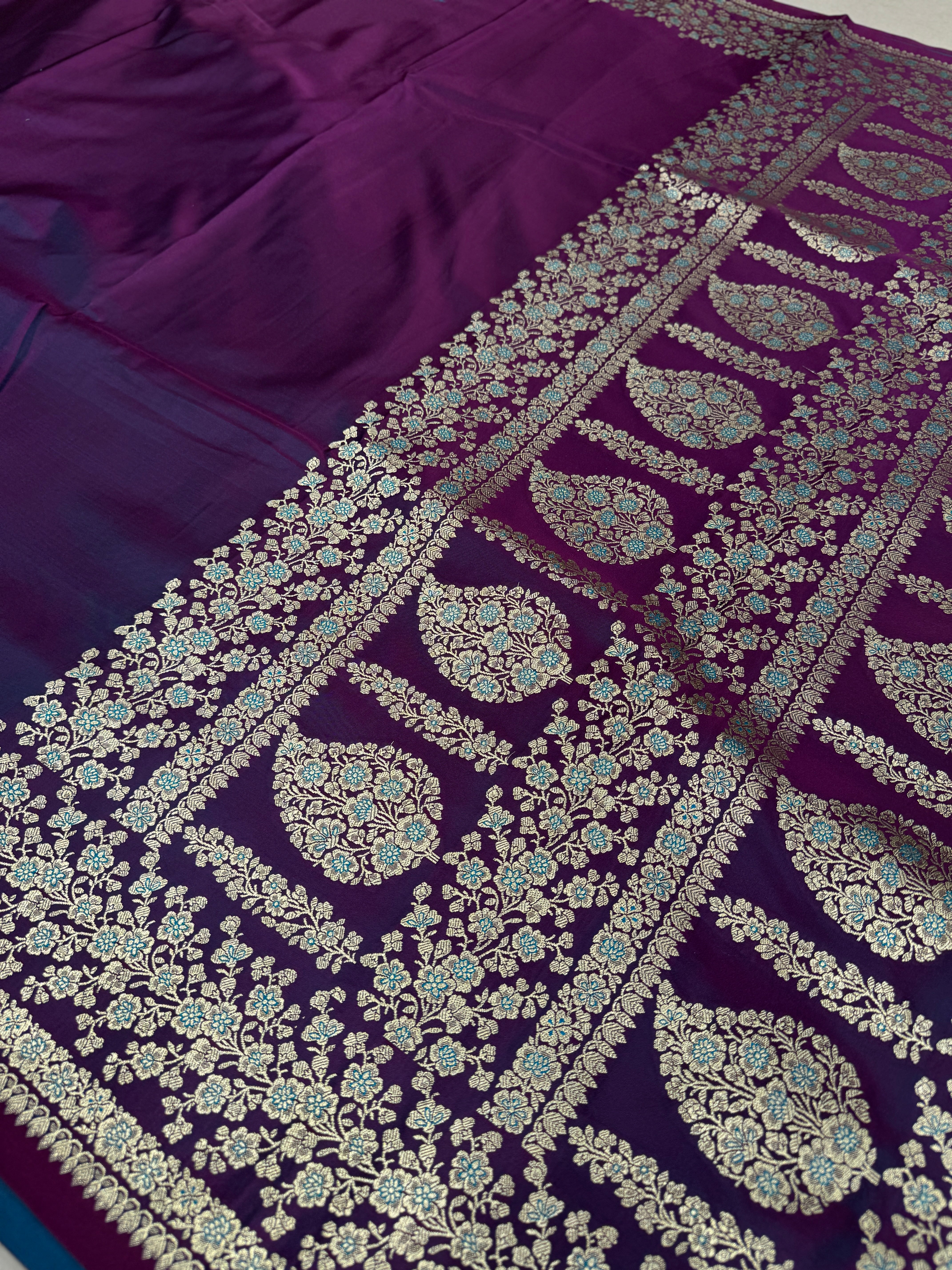 Wine Banarasi Silk Plain Floral Border Saree