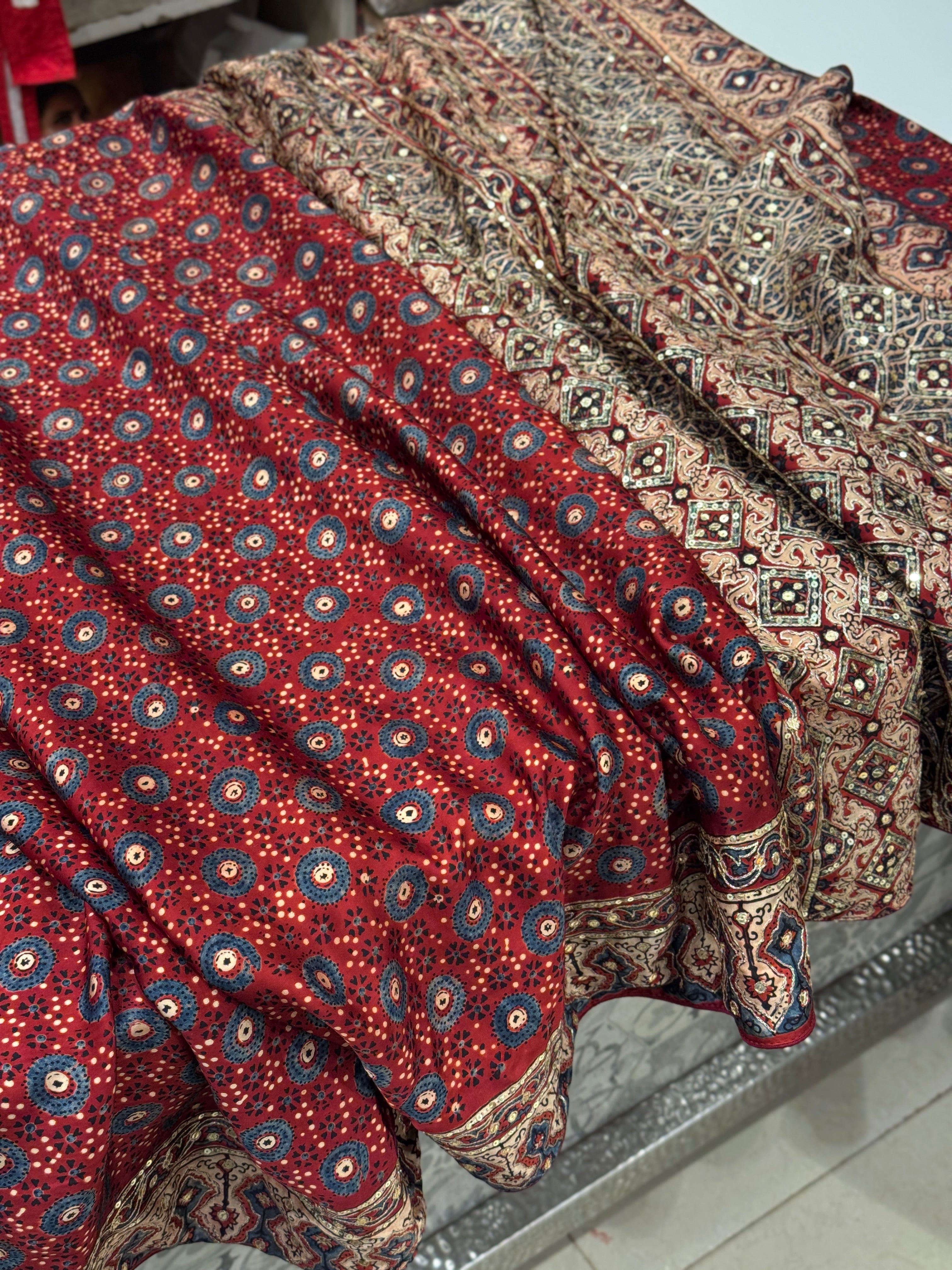 Red Blue Buttis Pita Zardosi Sequin Ajrakh Hand Embroidery Saree