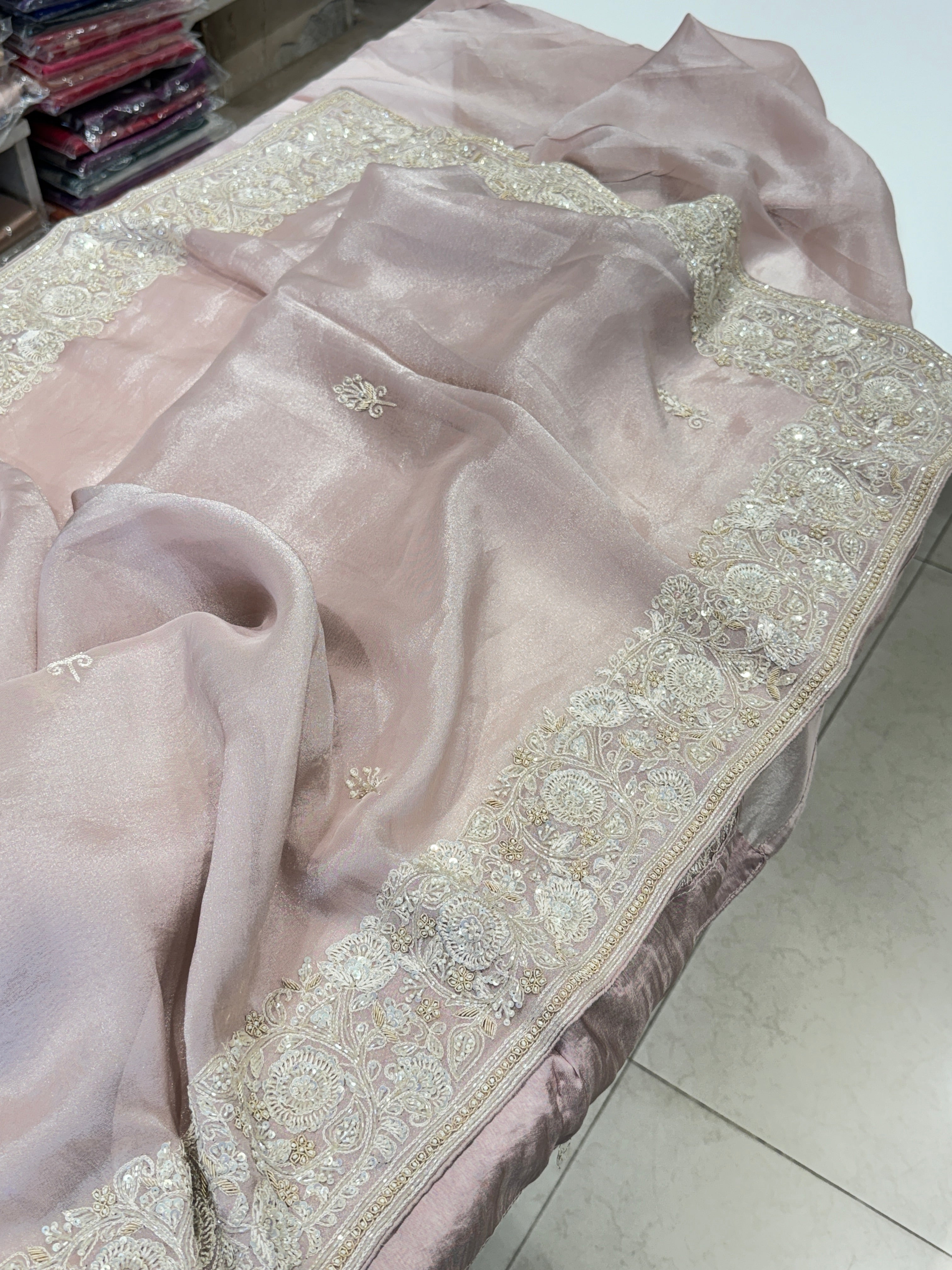 Kareena Kapoor Inspired Tissue Embroidery Saree Nude Pink