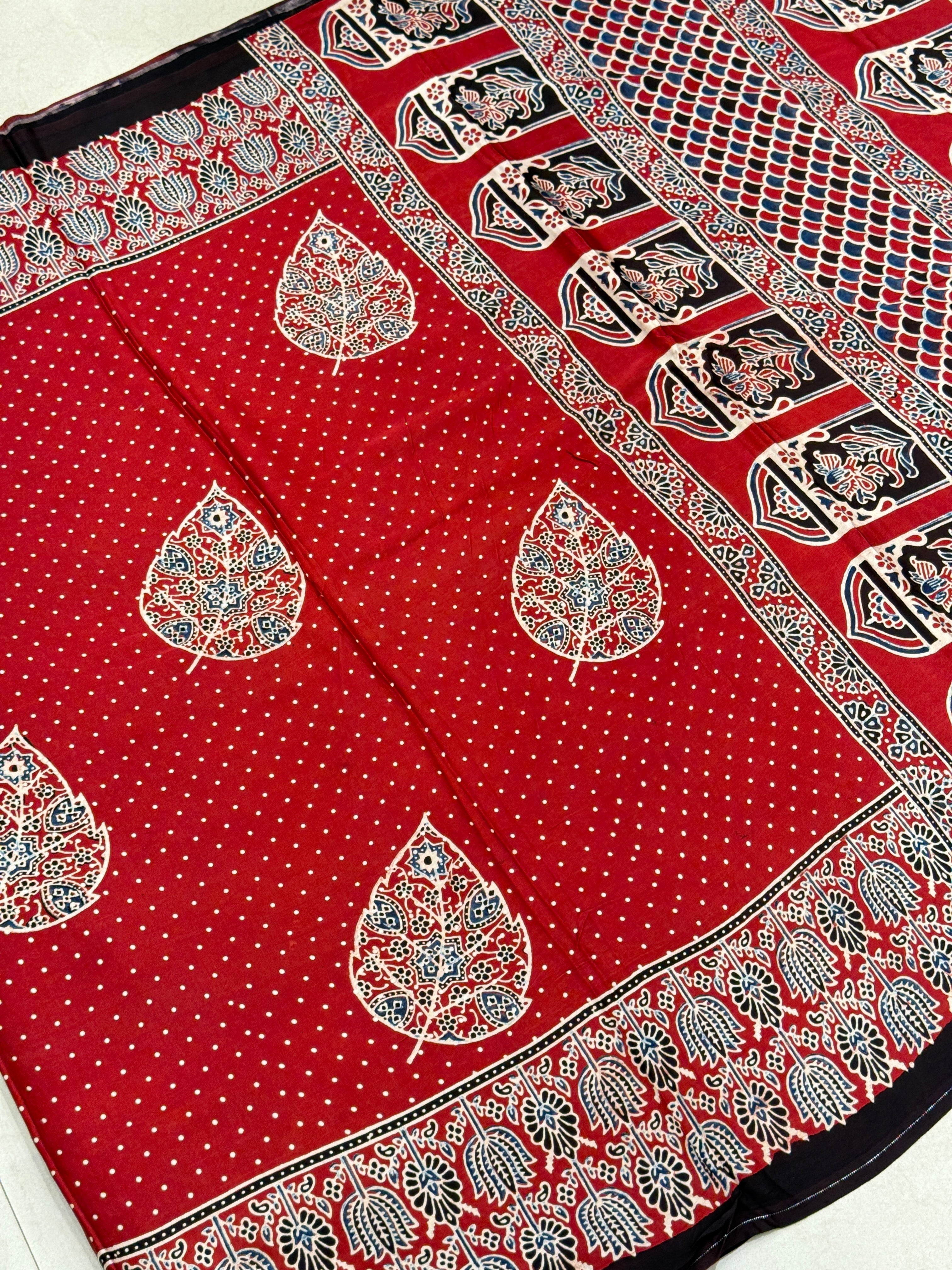 Red Butti Leaf Modal Gajji Silk Handblock Print Ajrakh Saree