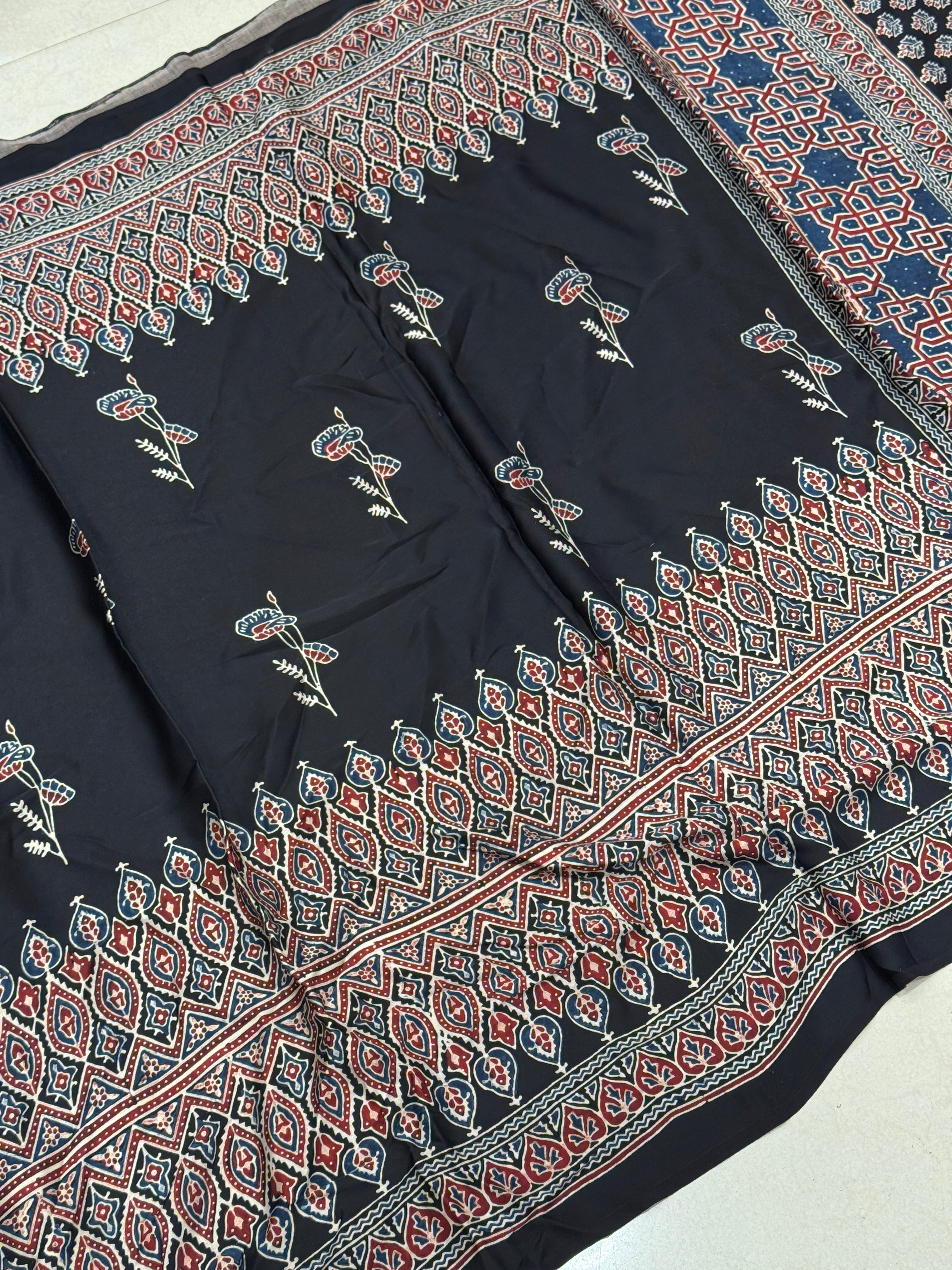 Black Contemporary Ajrakh Hand Block Print Pure Gajji Silk Saree