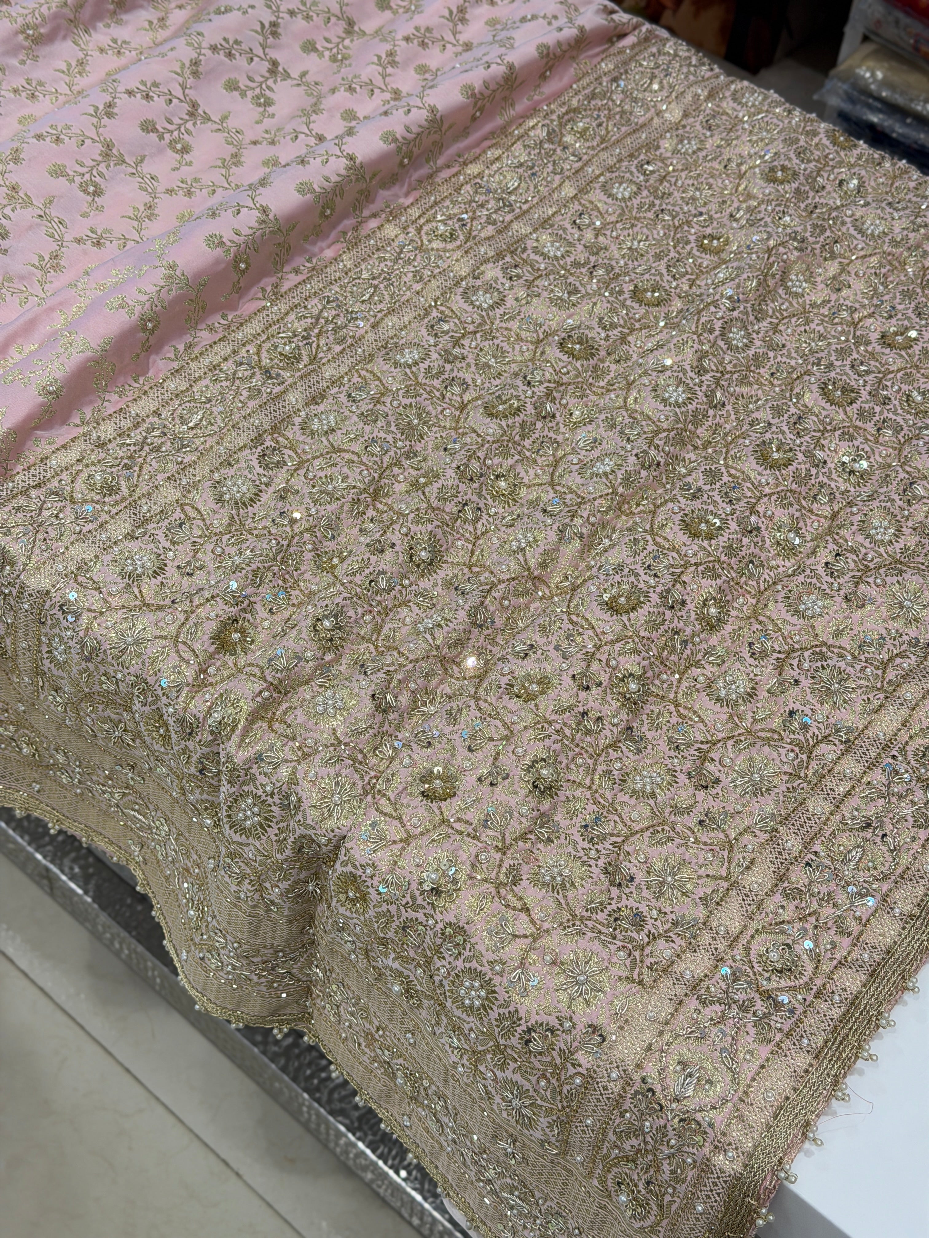 Light Pink Banarasi Flower Border Zardosi Hand Embroidery Saree