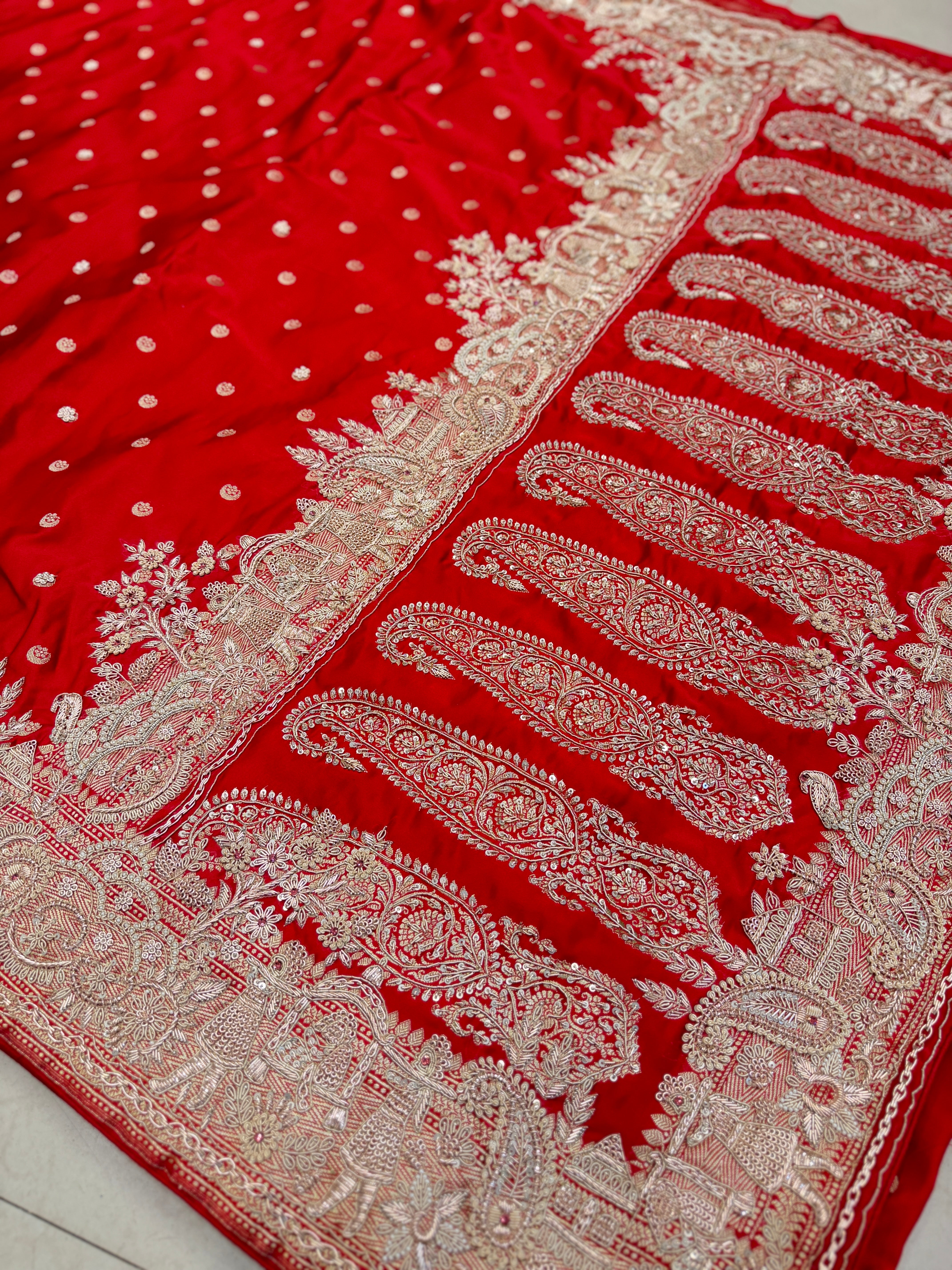 Red Banarasi Chand Butti Zardosi Doli Edit Hand Embroidery Saree