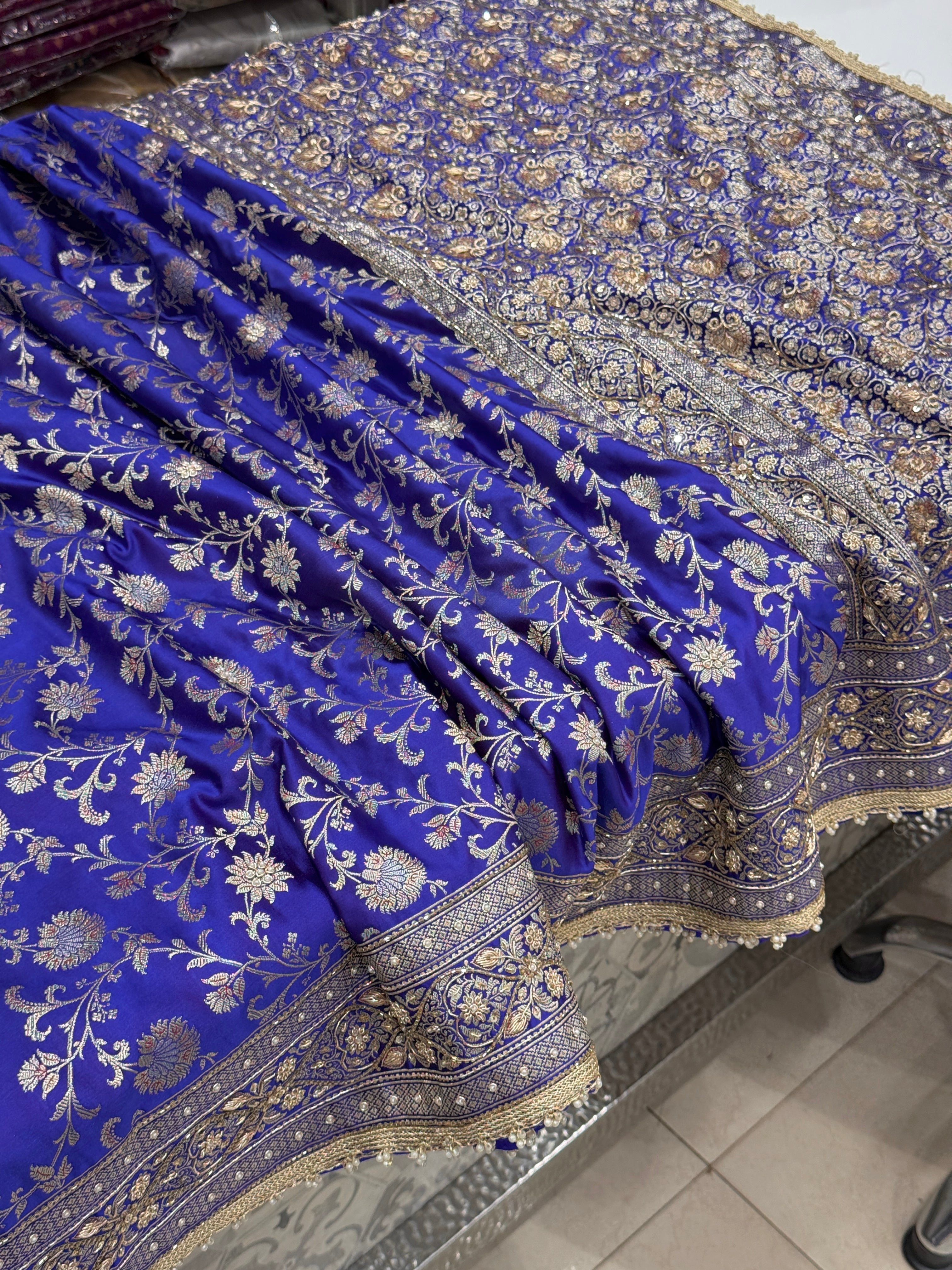 Blueish Purple Banarasi Silk Dhup Chav Hand Embroidery Zardosi Saree
