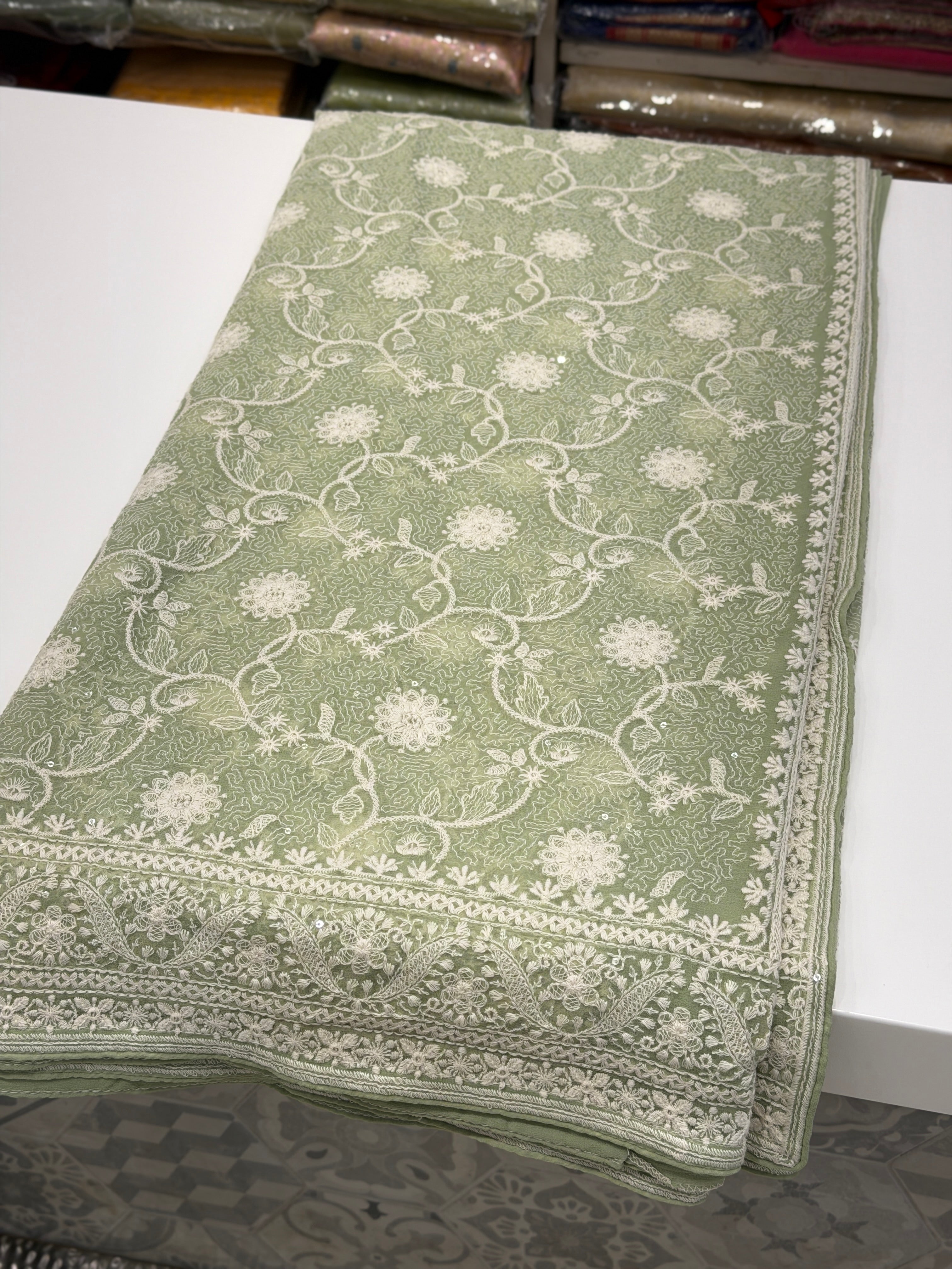 Pista Green Georgette Chikankari Line Jaal Resham Embroidery Saree