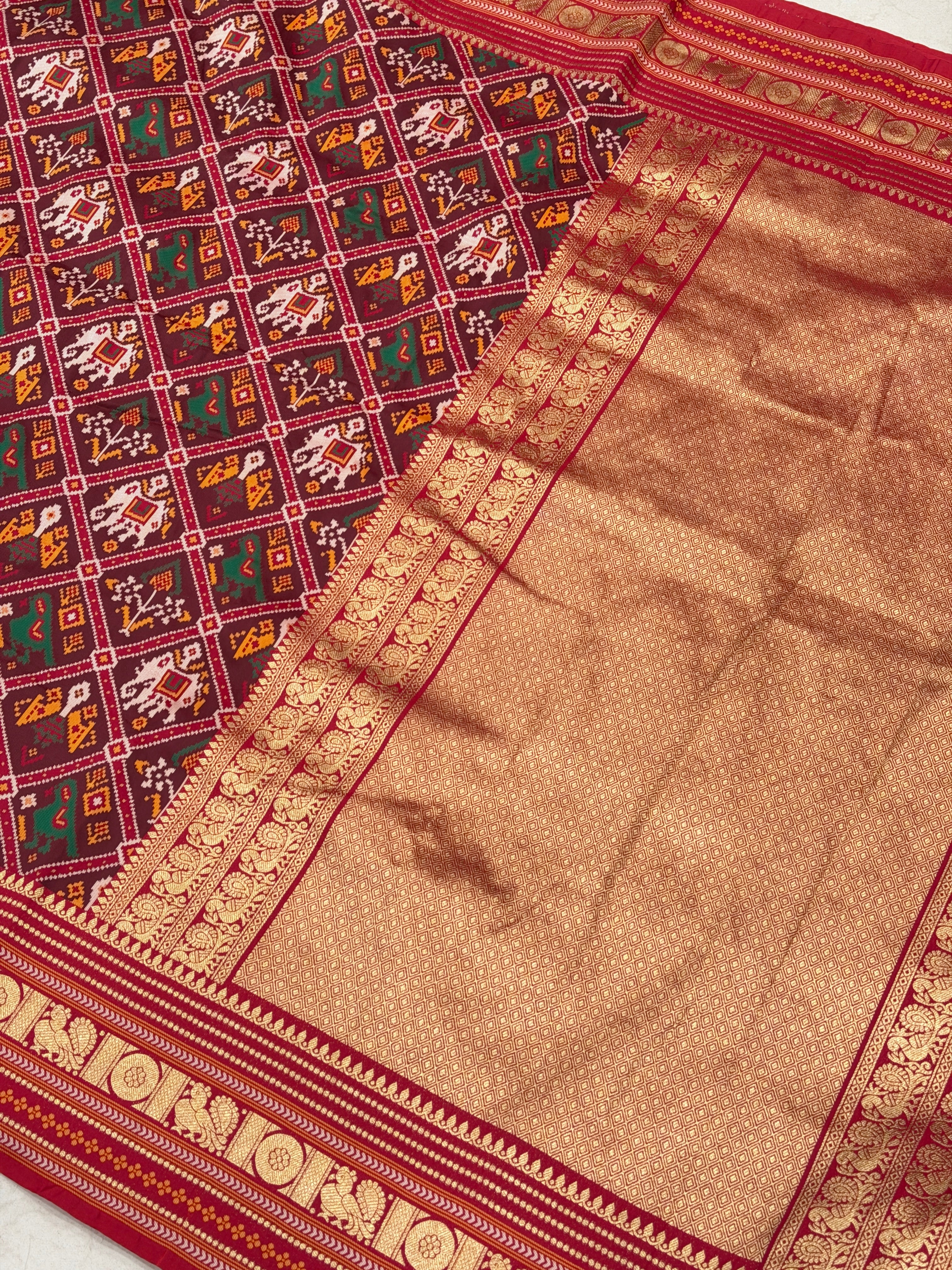 Red Checkered Kanchi Style Border Semi Silk Weaved Patan Patola Saree