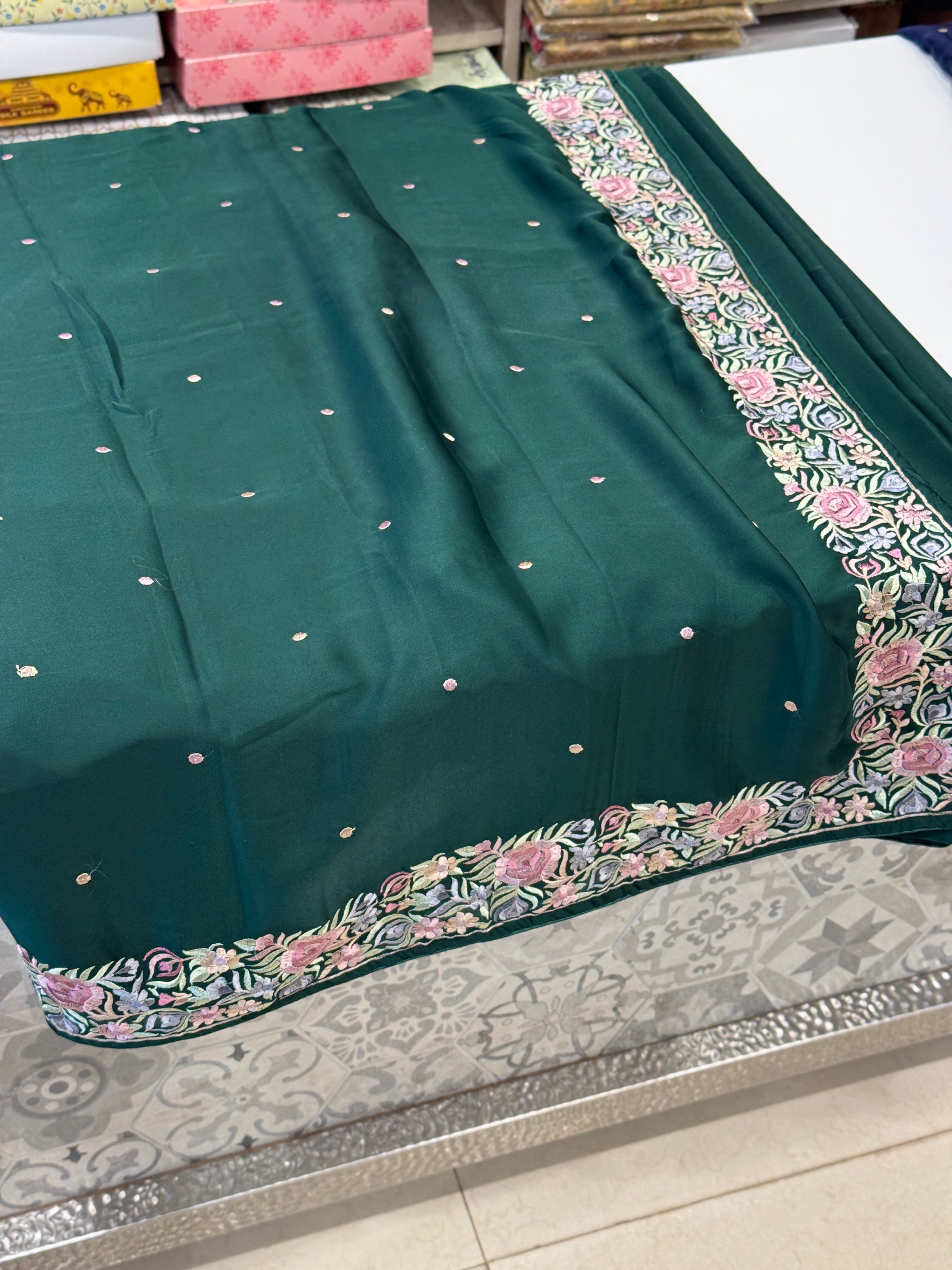 Bottle Green Satin Parsi Gara Saree