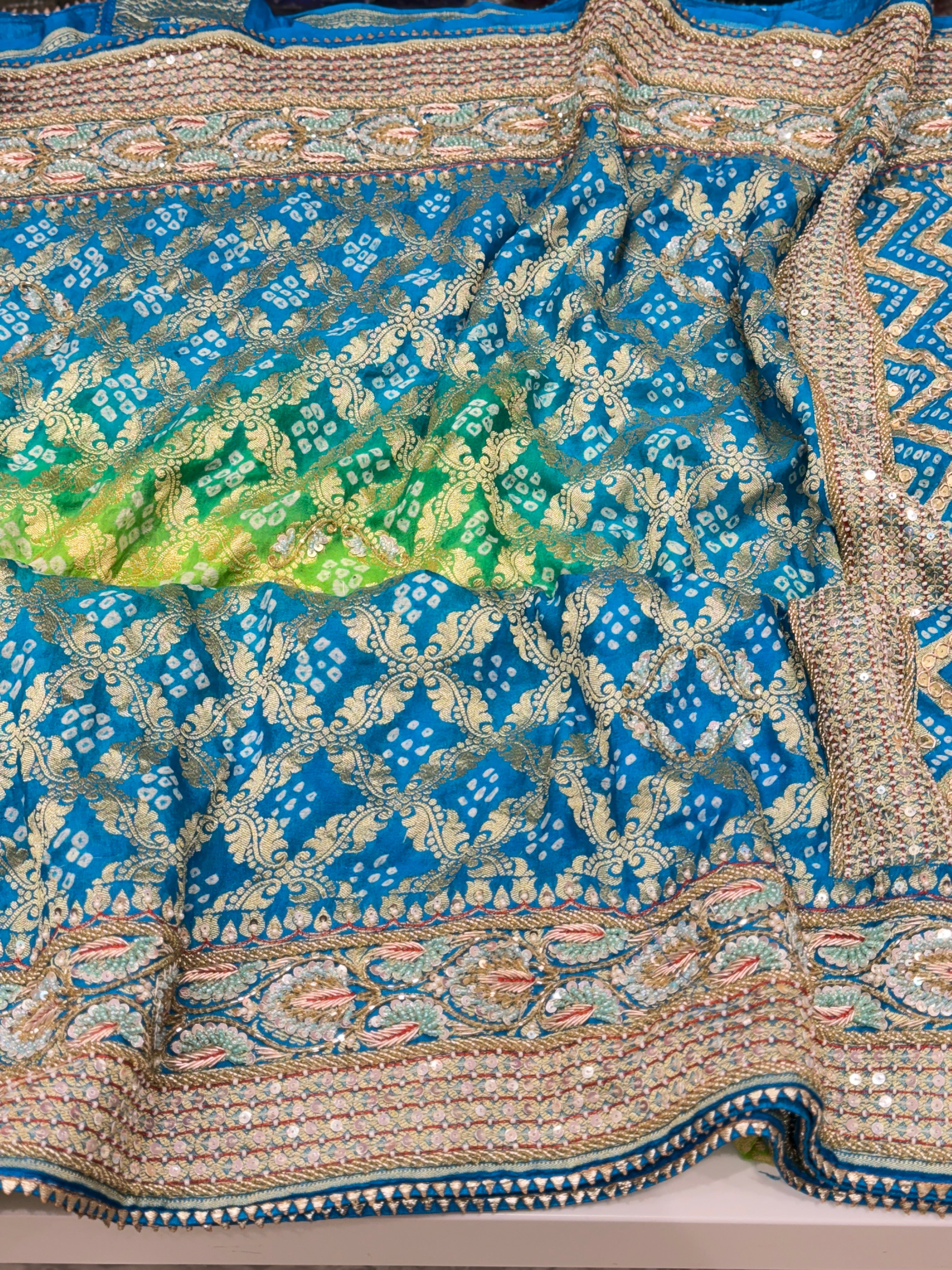 Jhanvi Kapoor Inspired Shaded Green Hand Embroidery Bandhej Saree