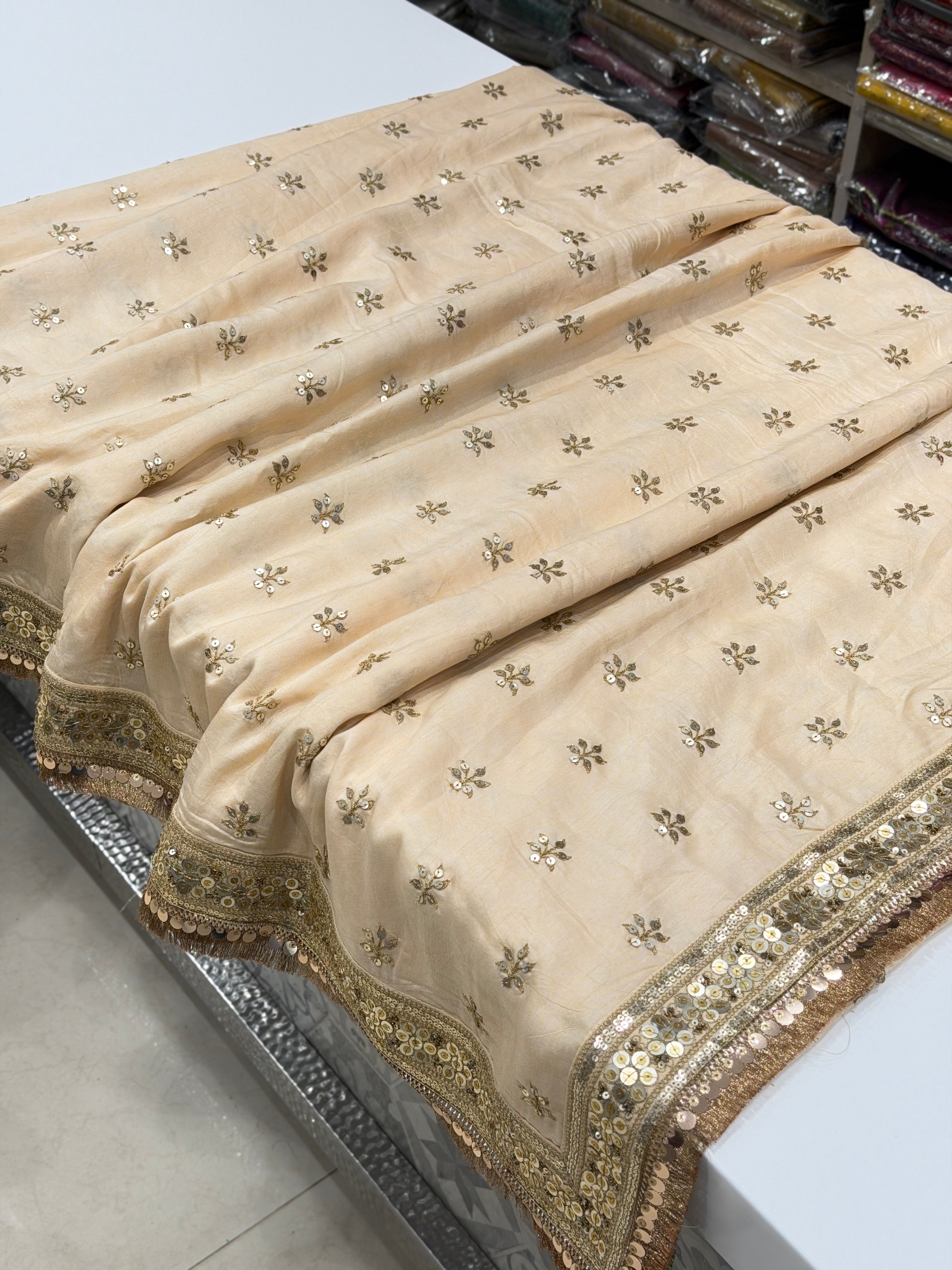 Beige Pure Silk Sabyasachi Inspired Marodi Sequin Butti Saree