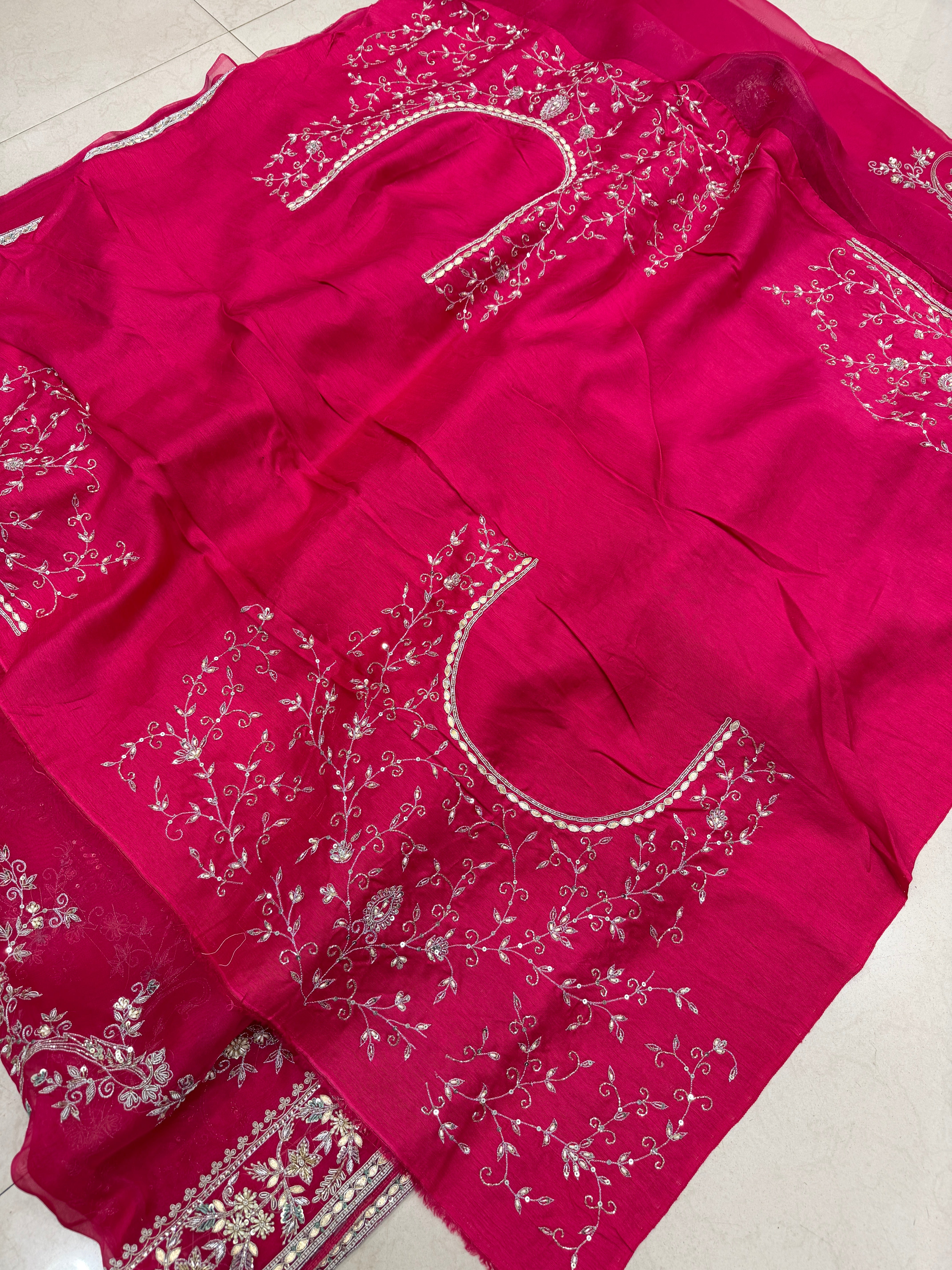 Rani Pink Organza Zardosi Gota Resham Hand Embroidery Saree