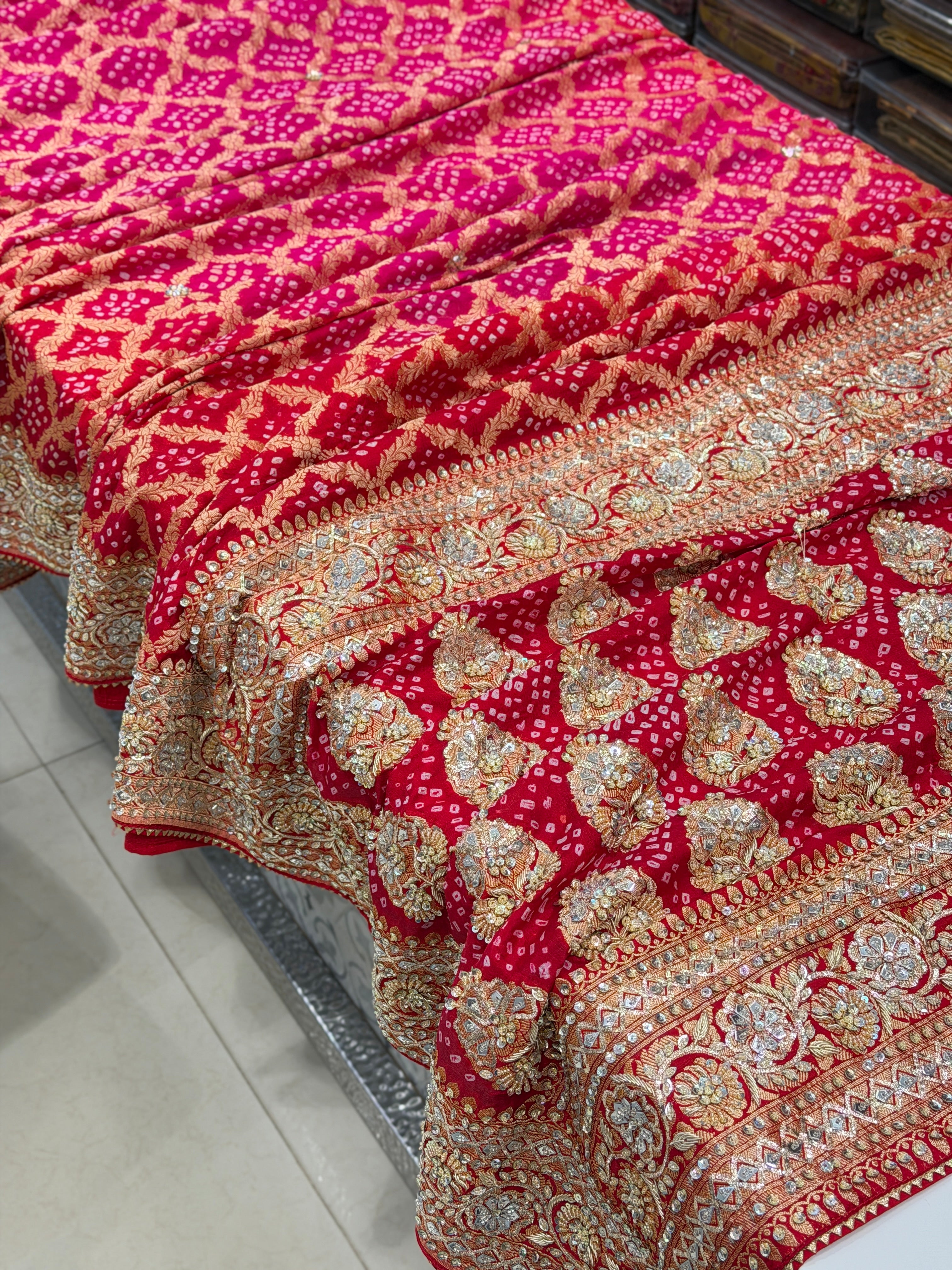 Red Rani Shaded Bandhej Zardosi Pita Hand Embroidery Saree