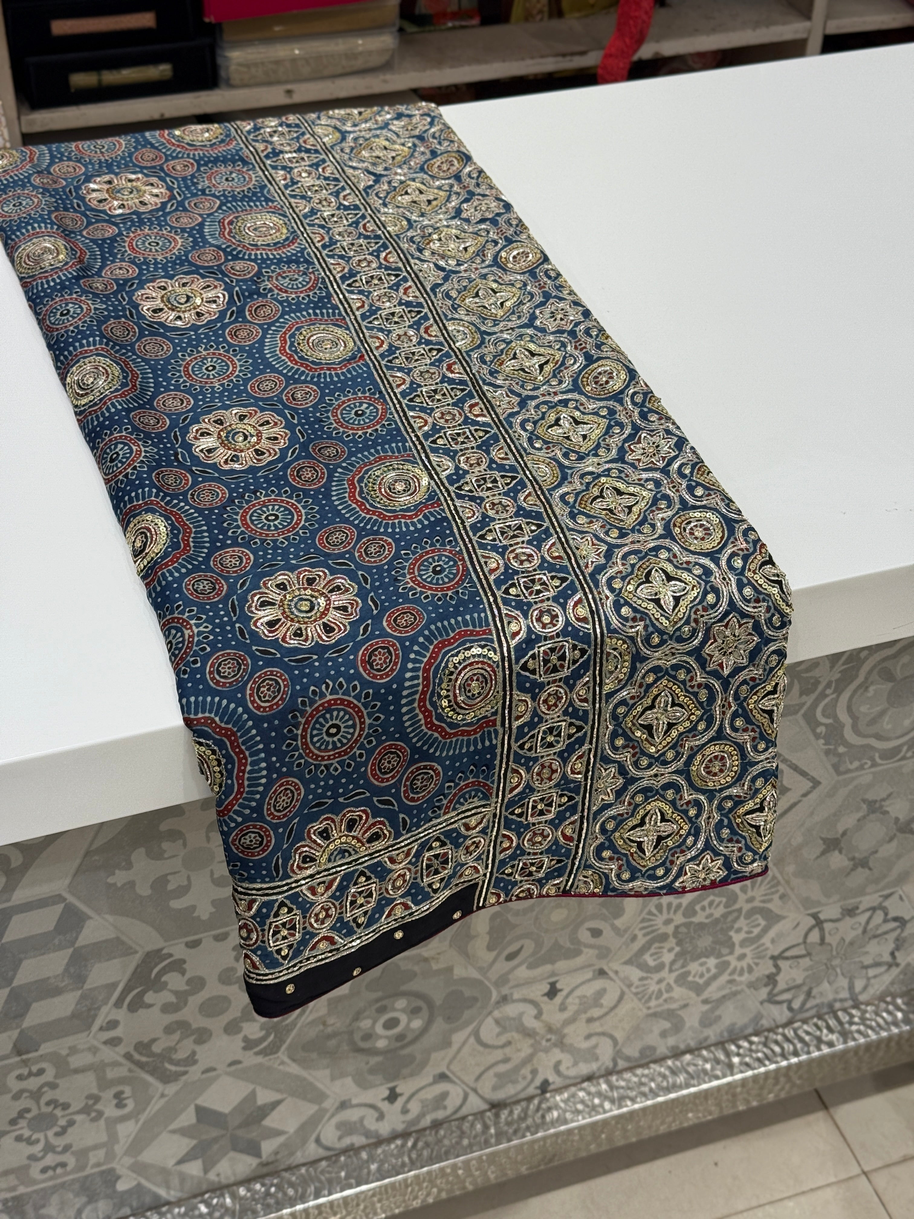 Blue Ajrakh Badam Buttas Pita Sequin Moti Hand Embroidery Saree