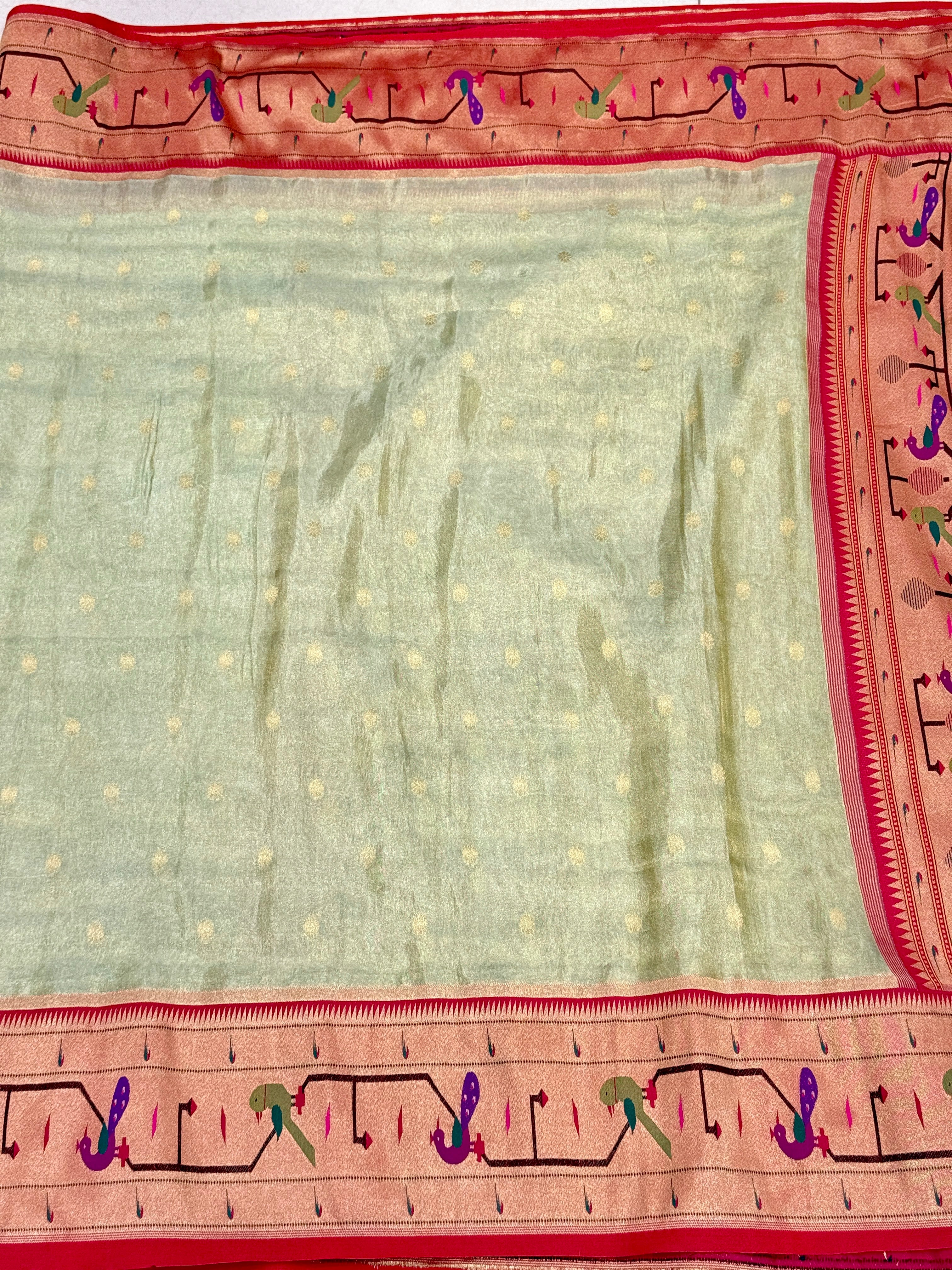 Pista Green Tissue Paithani Peacock Parrot Border Saree