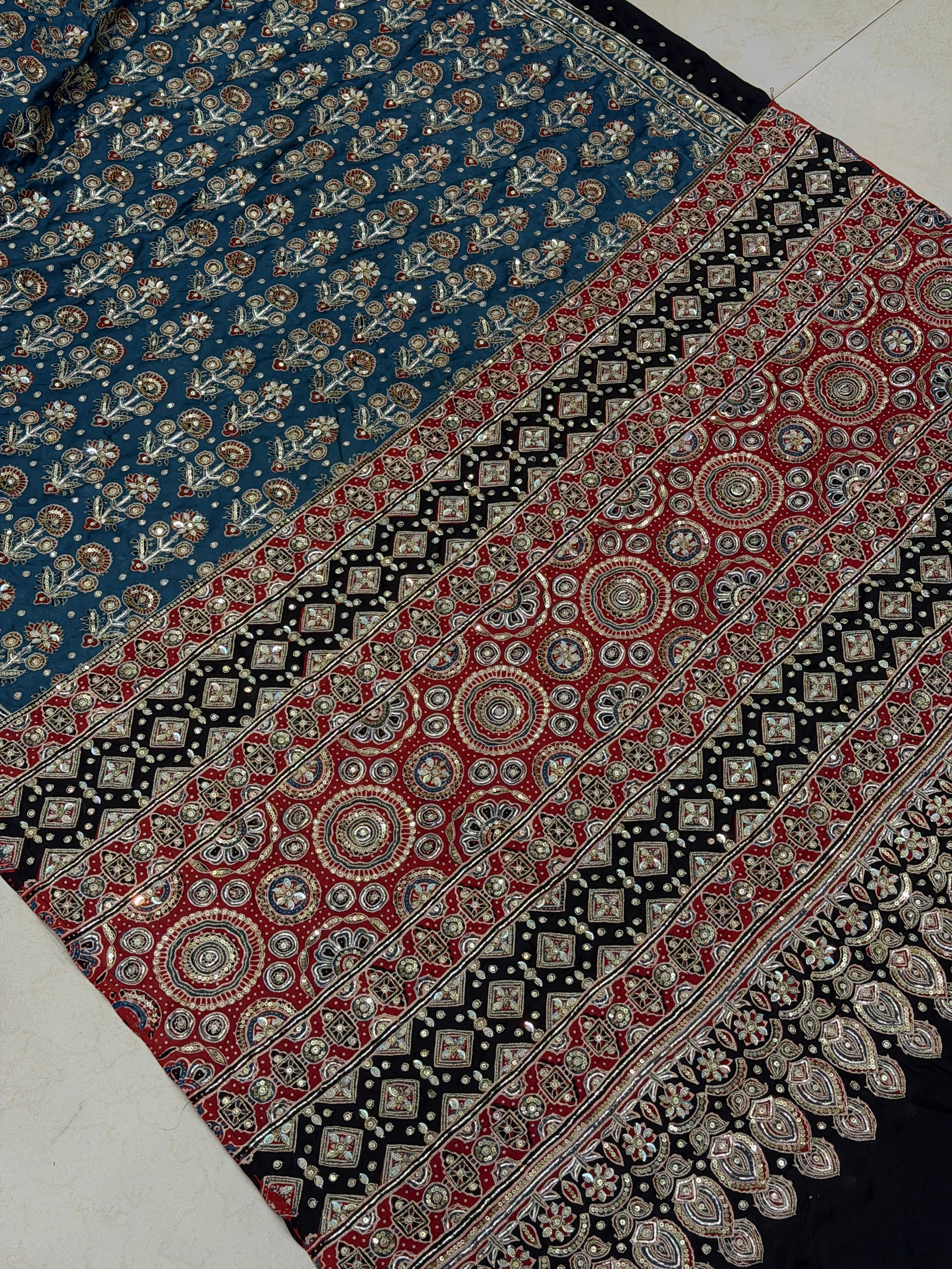 Blue Butta Pita Sequin Ajrakh Hand Embroidery Saree