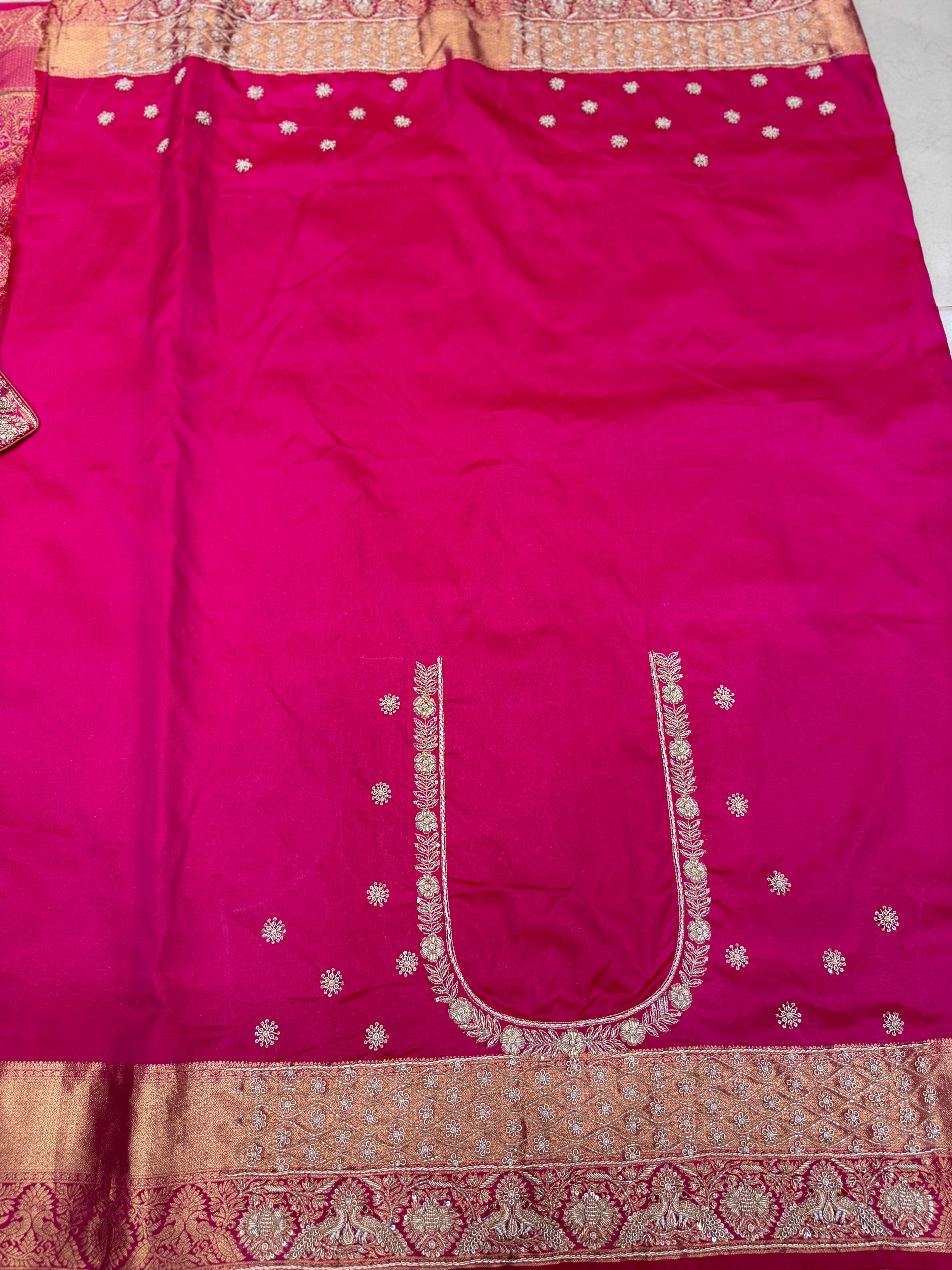 Rani Pink Kanjivaram Peacock Motifs Zardosi Hand Embroidery Saree