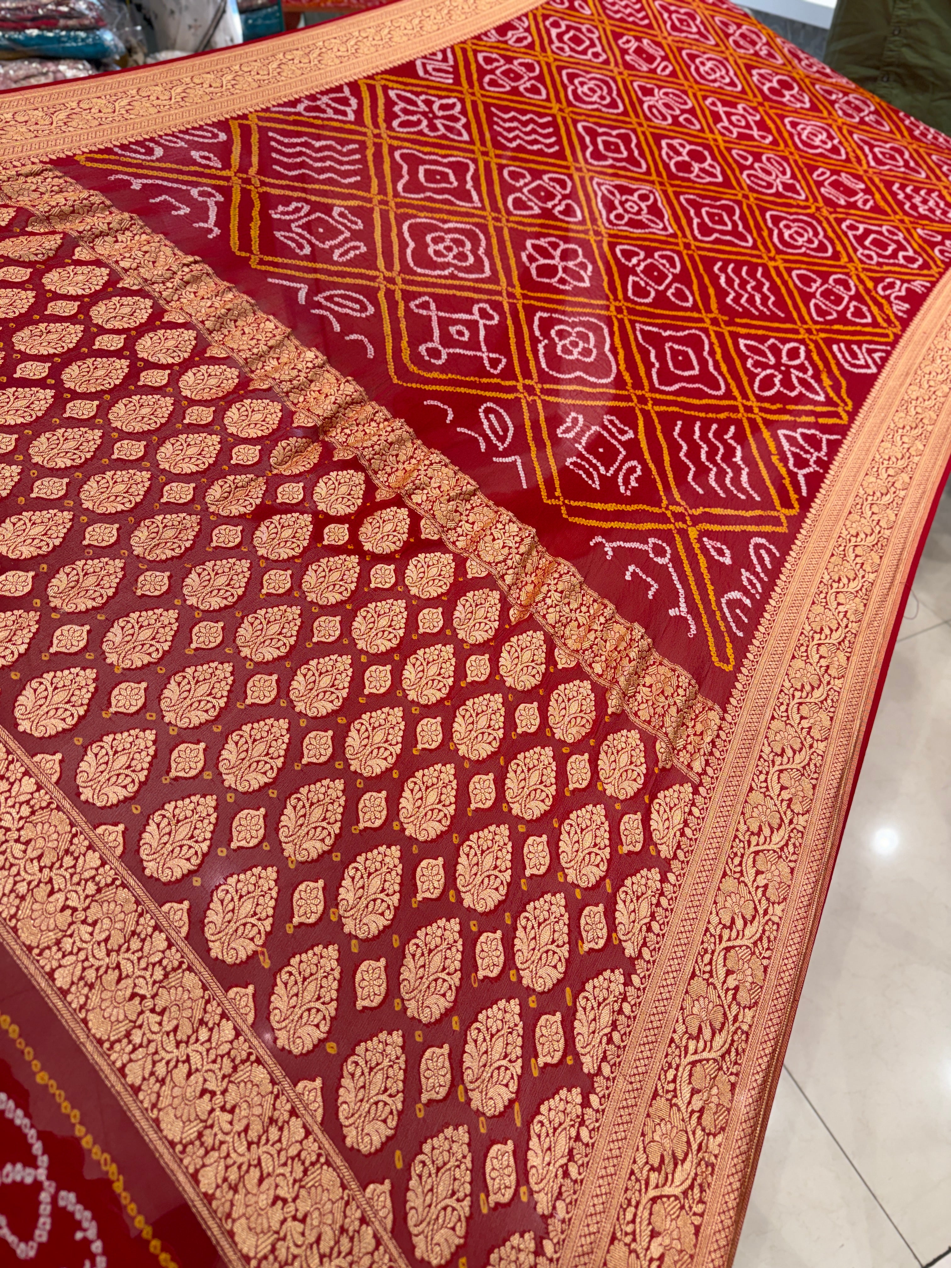 Red Rai Bandhej Bavan Bhat Georgette Saree Banarasi