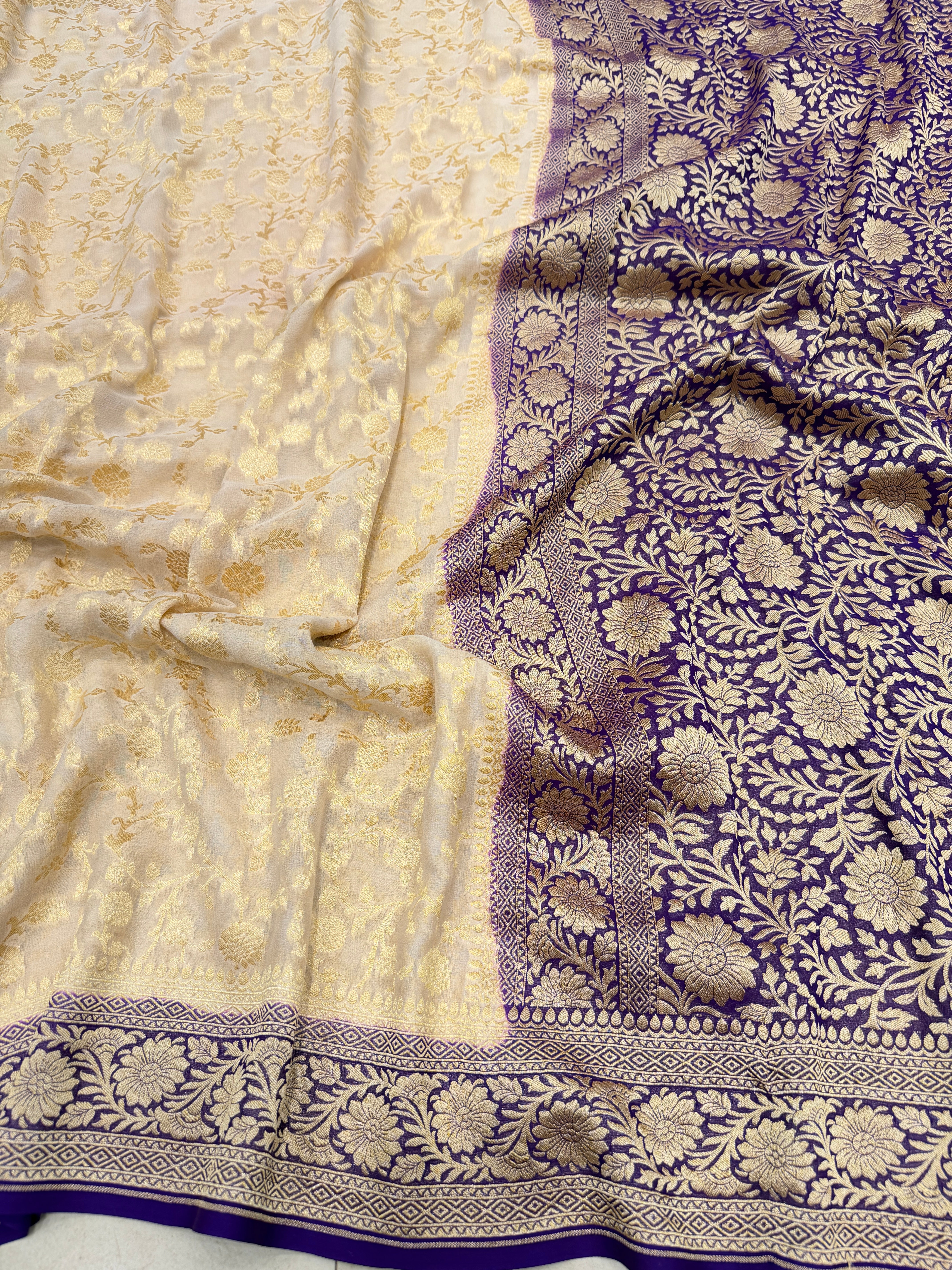 Beige Violet Mughal Jaal Handloom Banarasi Khaddi Georgette Saree
