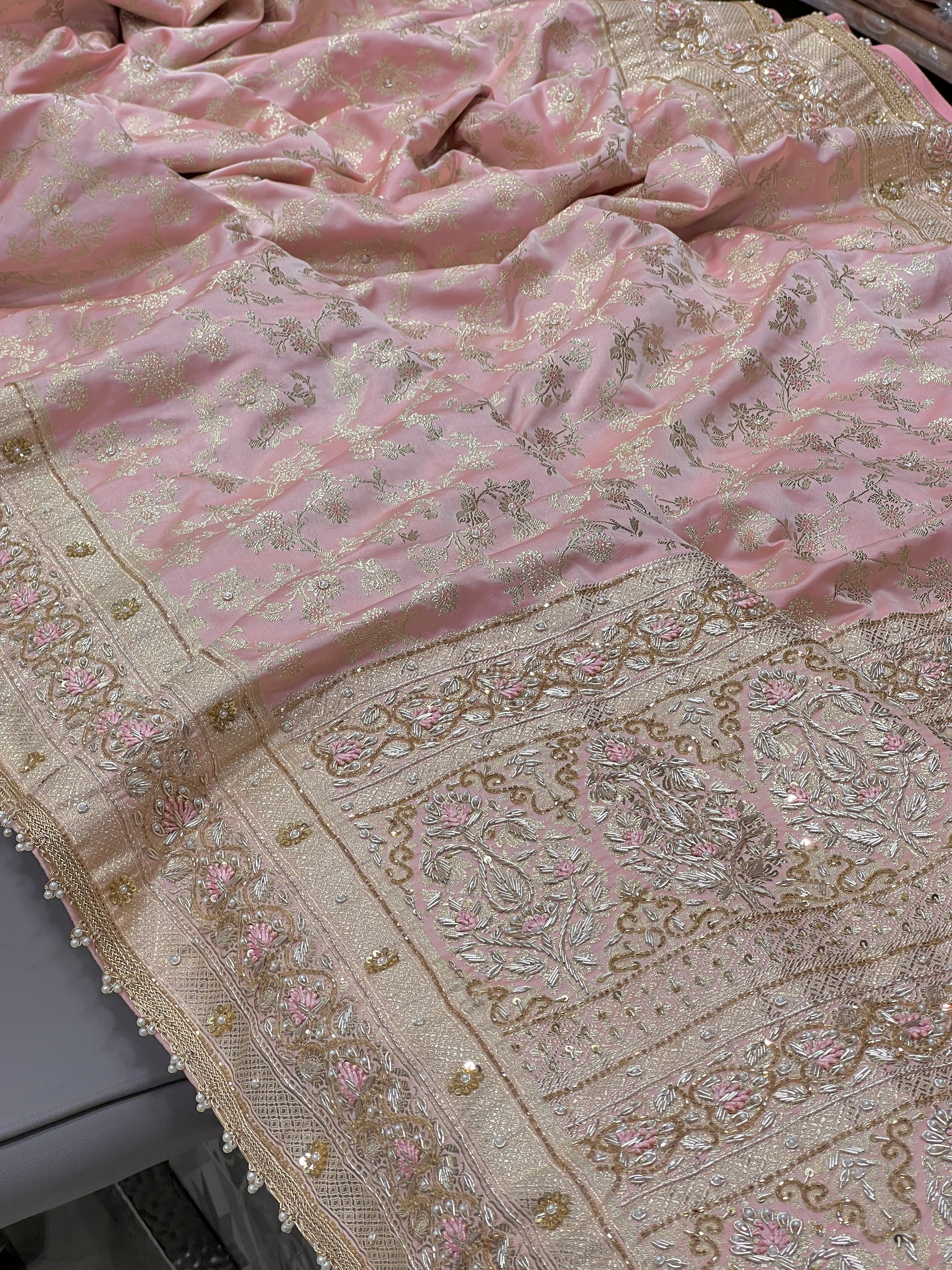 Pink Banarasi Zardosi Resham Hand Embroidery Saree