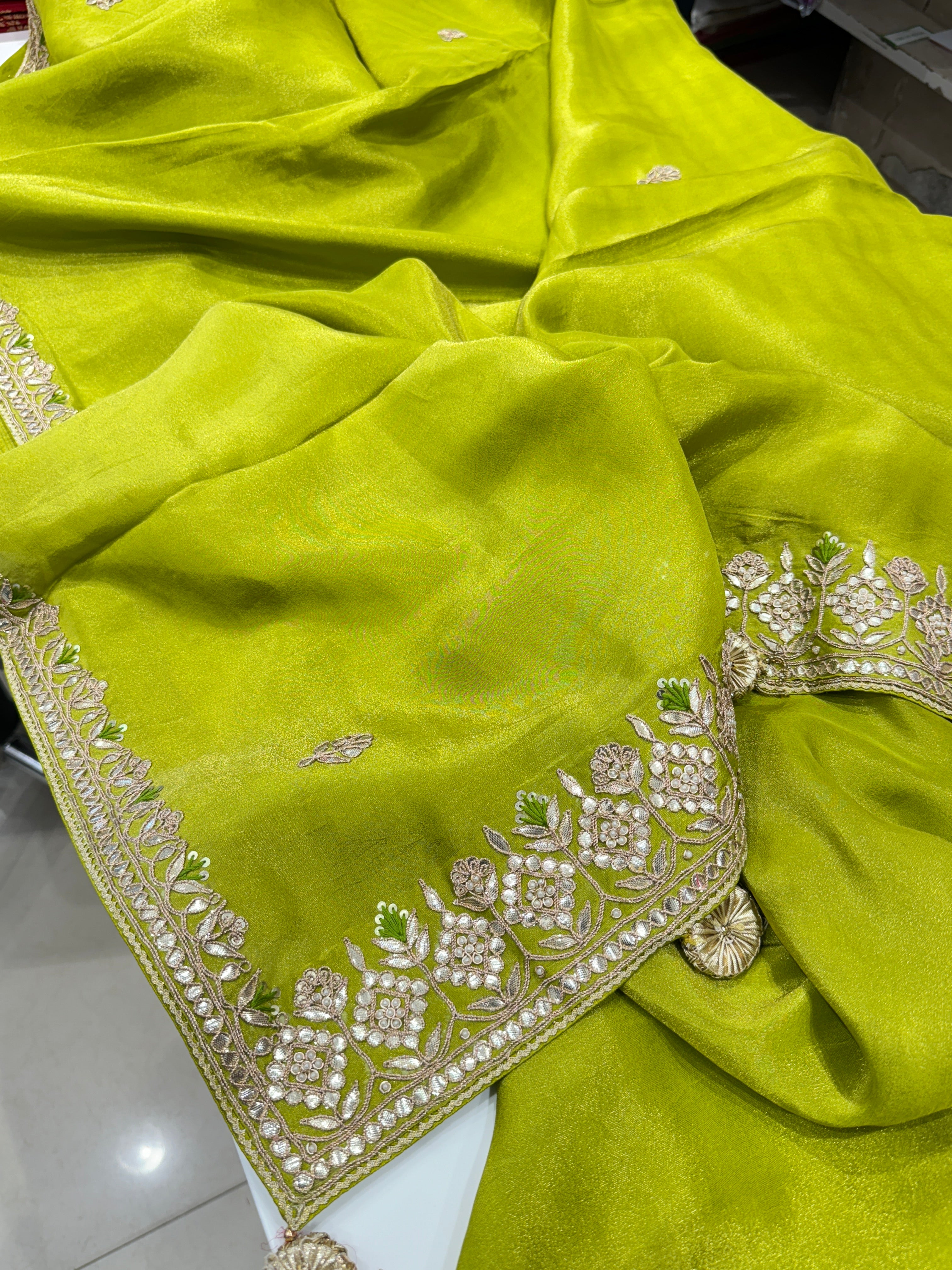 Green Crepe Tissue Gotapatti Embroidery Saree