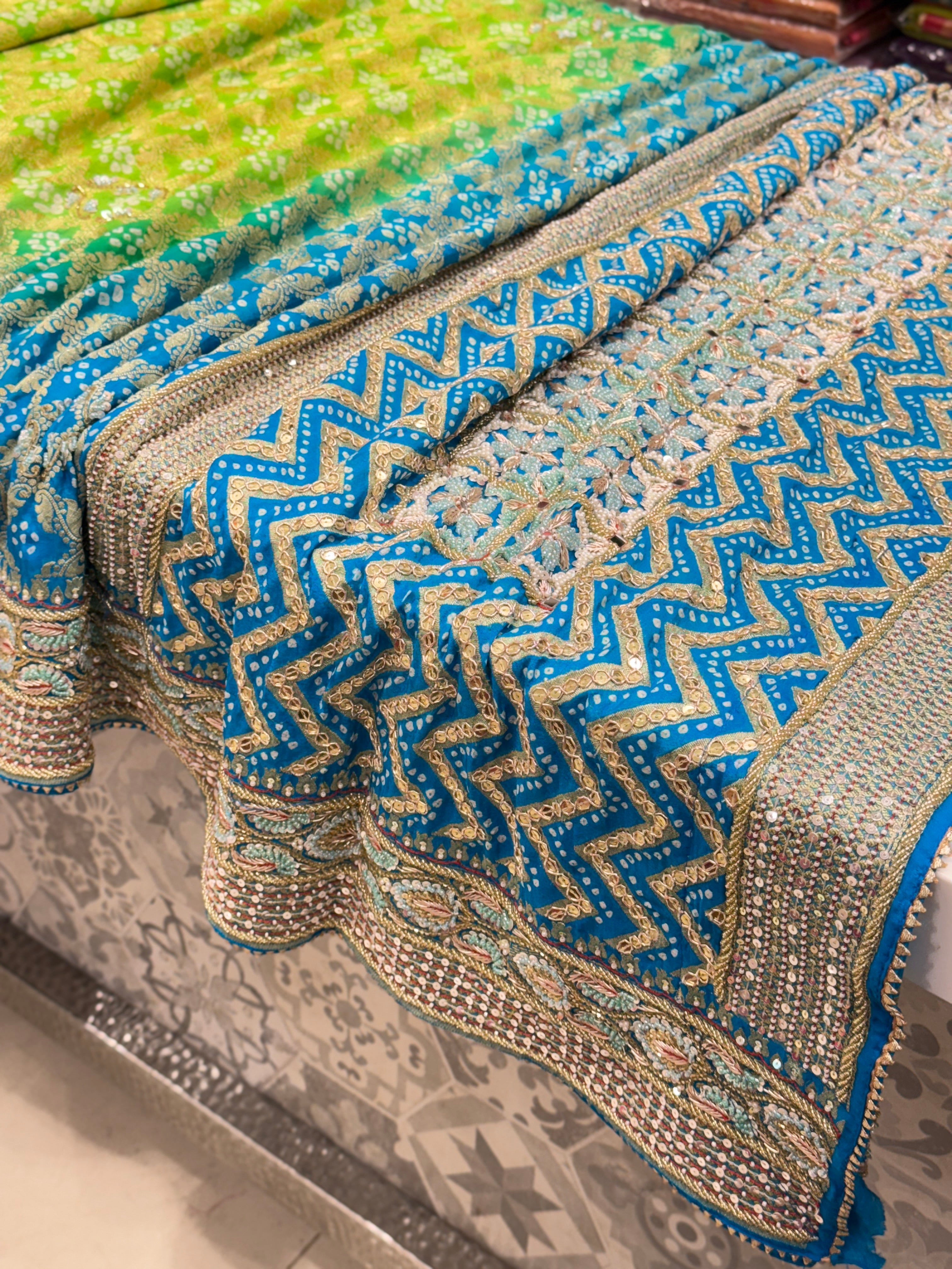 Jhanvi Kapoor Inspired Shaded Green Hand Embroidery Bandhej Saree